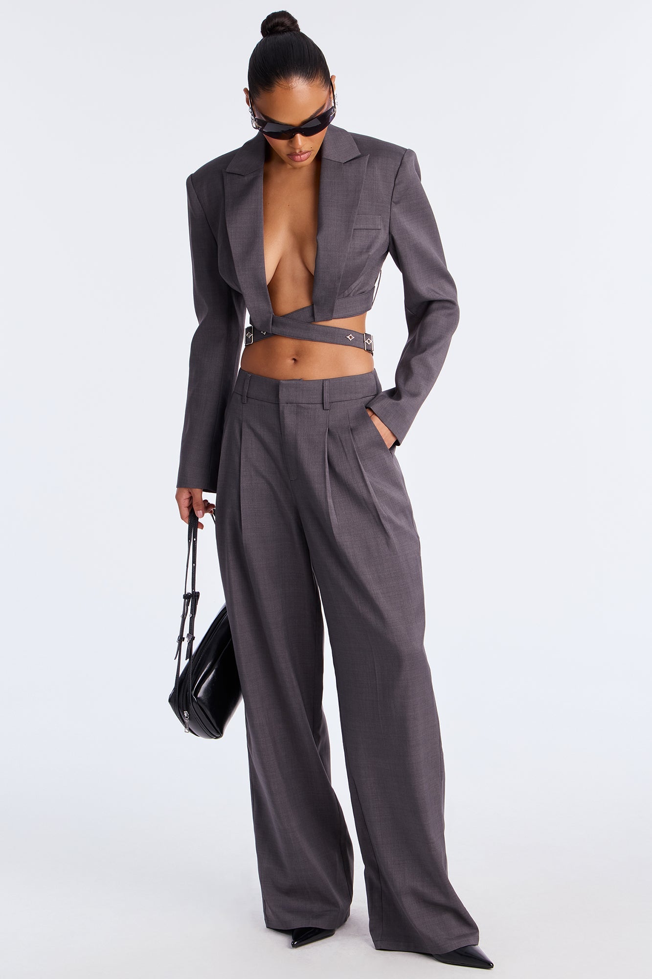 Buckled Up Boss Blazer Pant Set - Charcoal