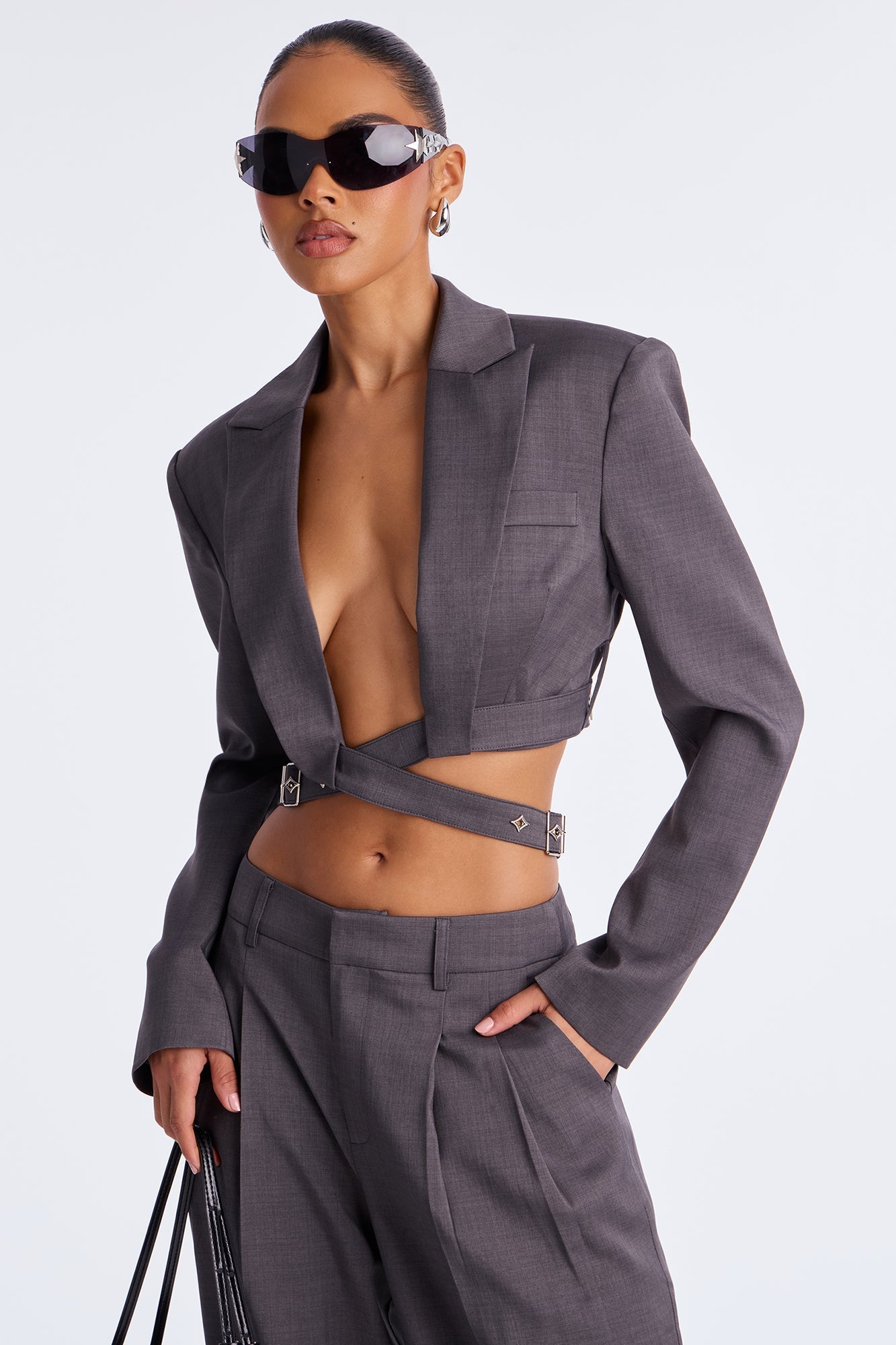 Buckled Up Boss Blazer Pant Set - Charcoal