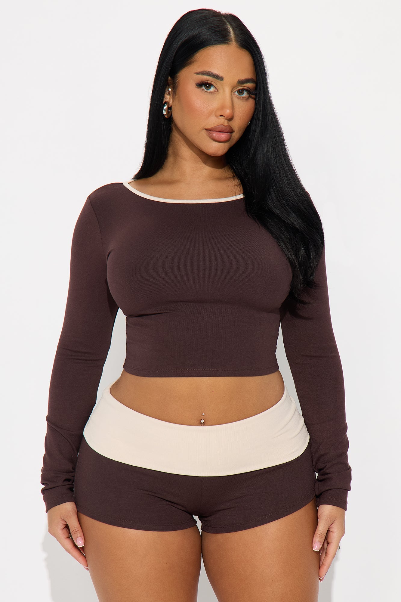 Chill Mode Long Sleeve Foldover Waistband Short Set - Chocolate/Combo