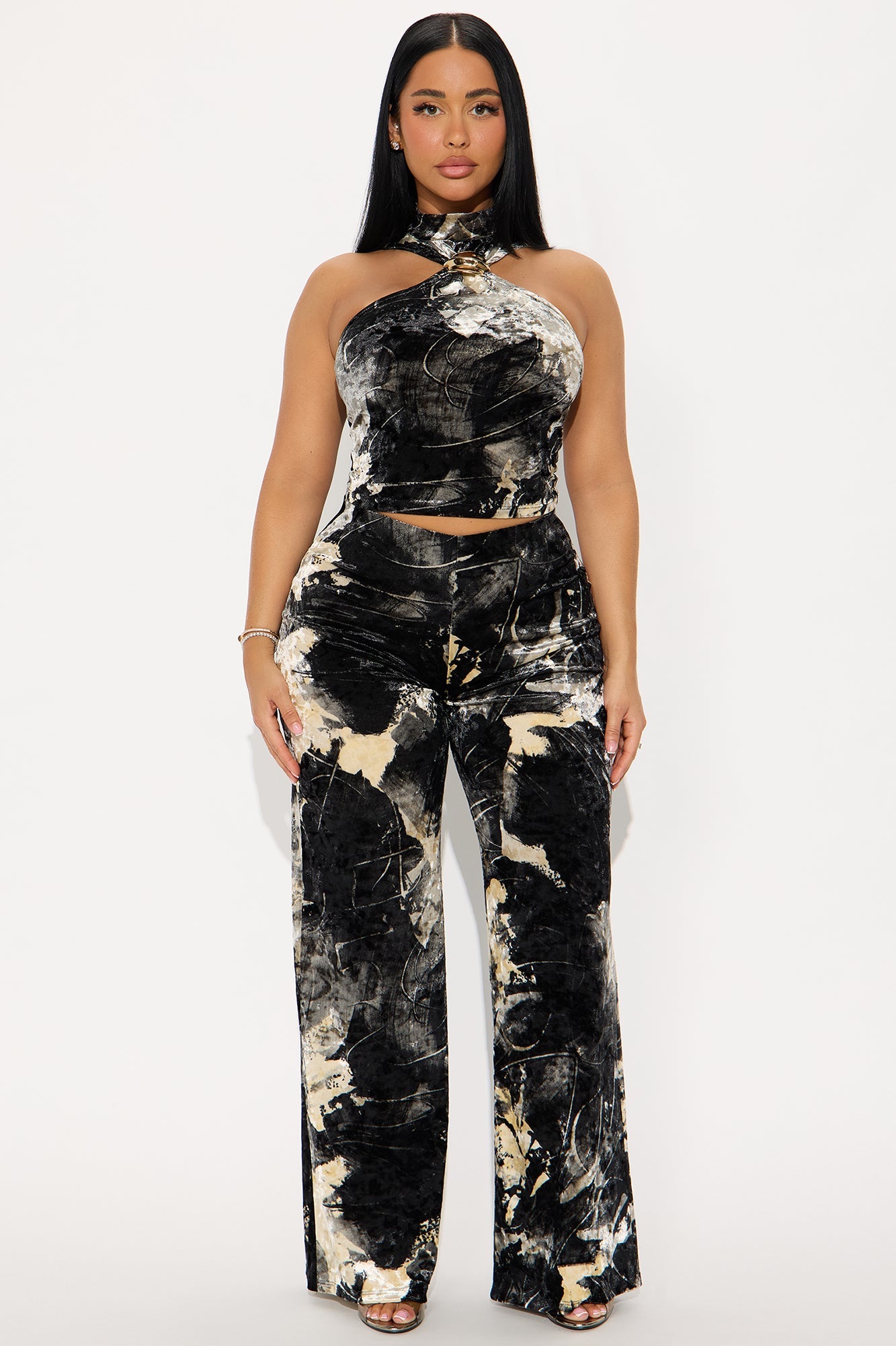 Amaya Velvet Halter Pant Set - Black/combo