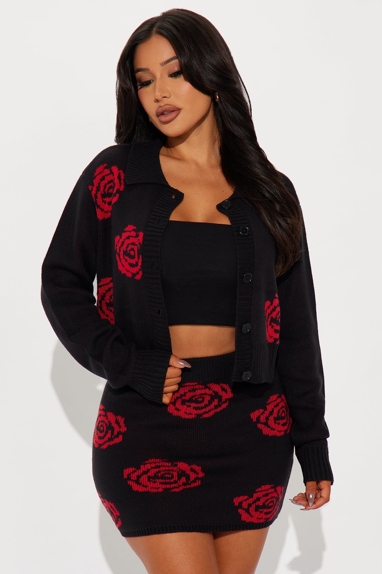 Maya Rose Sweater Mini Skirt Set - Black/Red