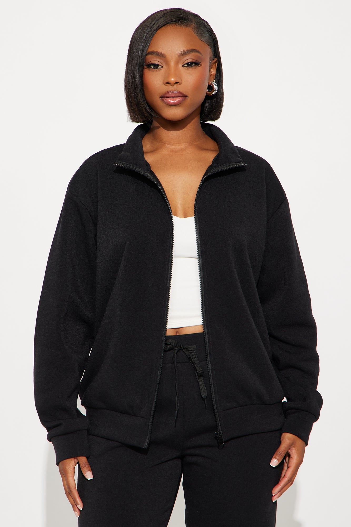 Demi Zip Up Fleece Pant Set - Black