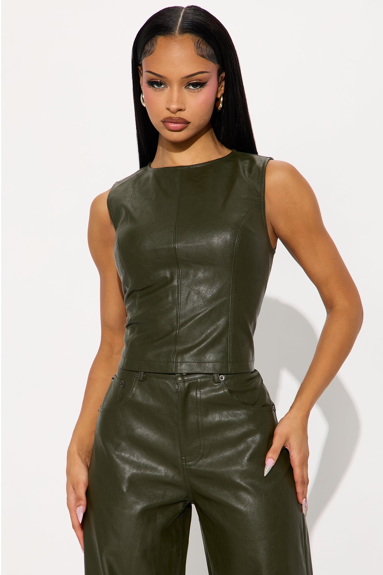 Gianna Faux Leather Pant Set - Olive