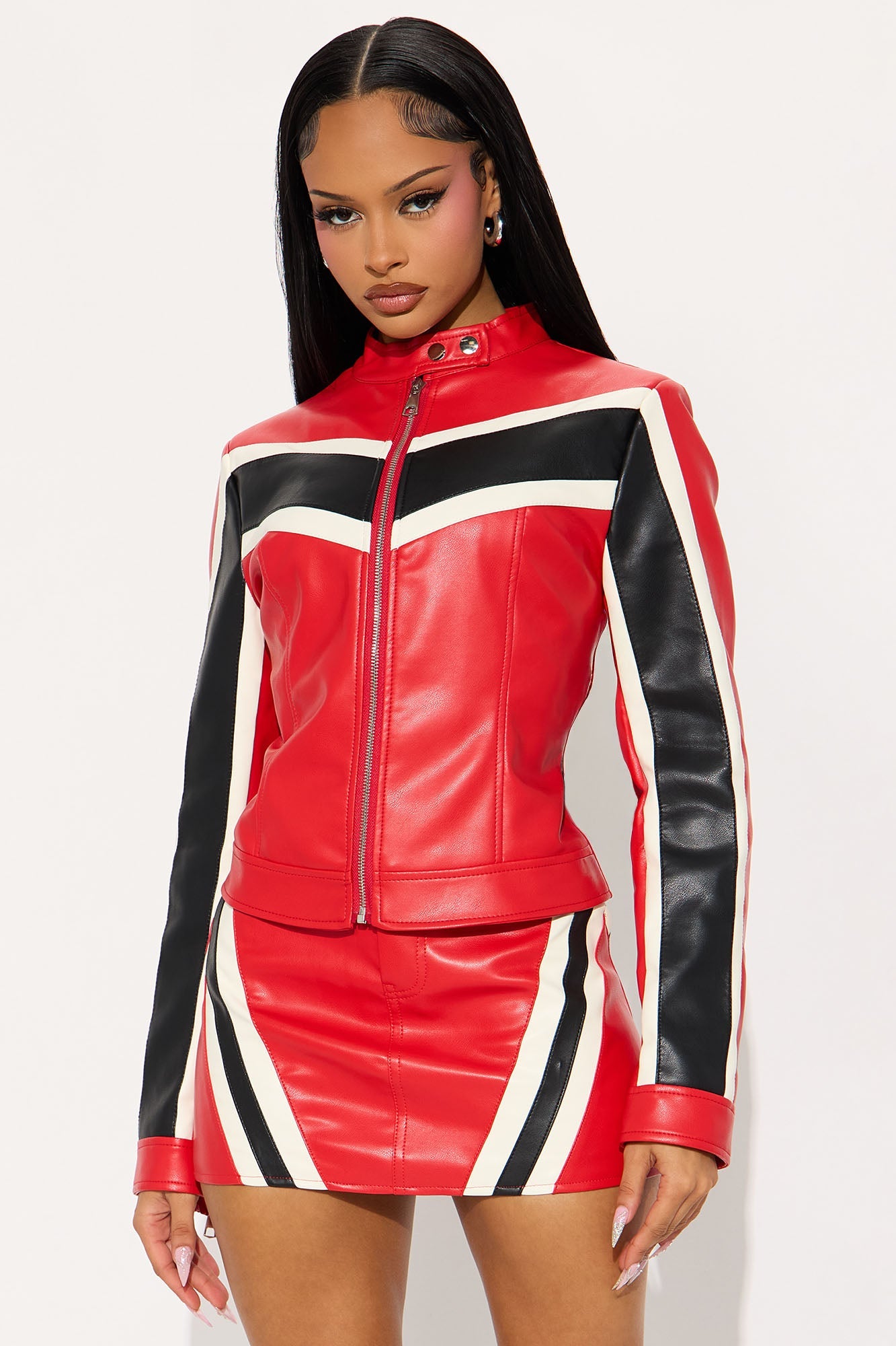 Maya Faux Leather Jacket Skirt Set - Red