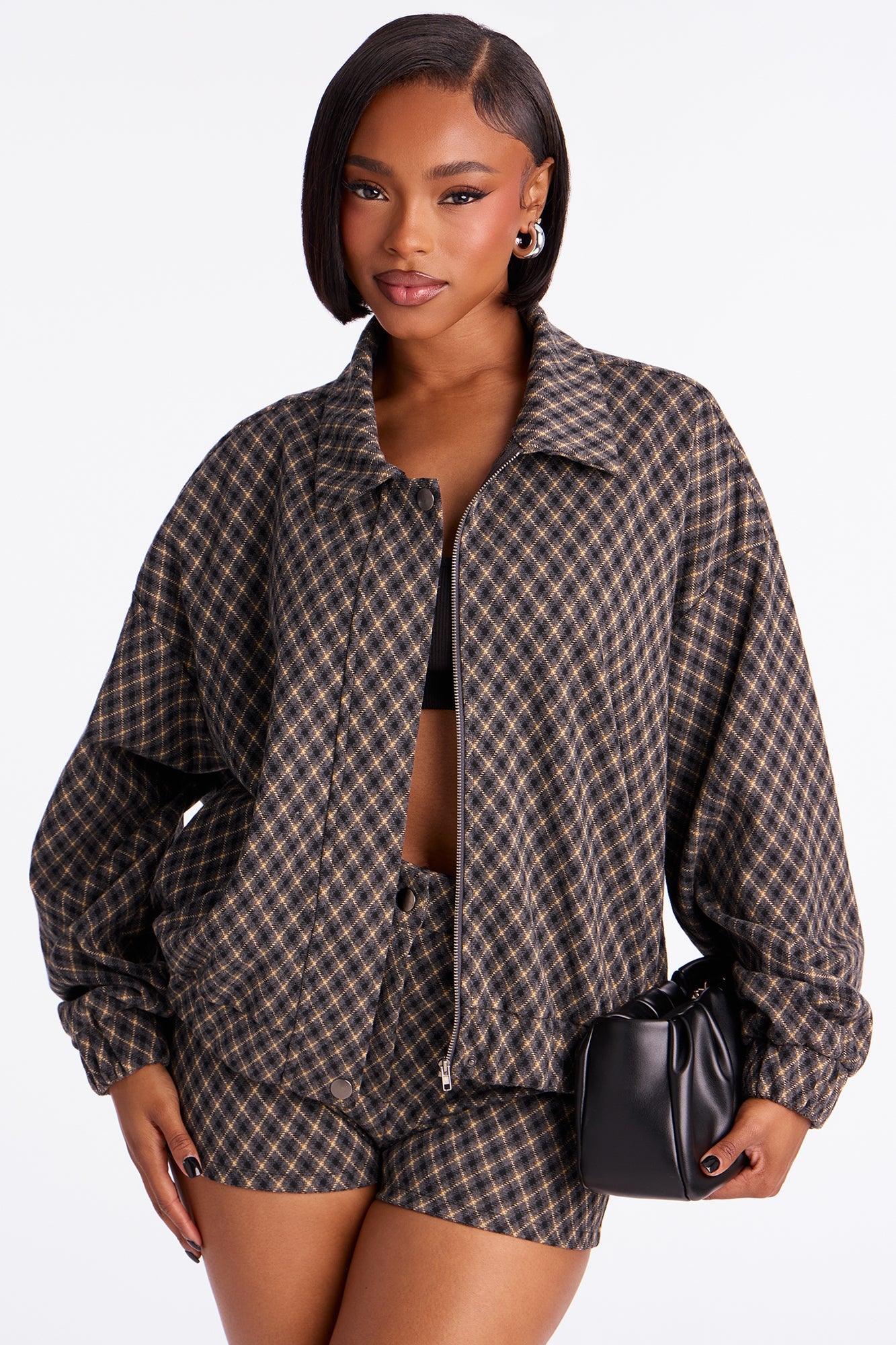 Lorena Plaid Knit Jacket Short Set - Grey/combo