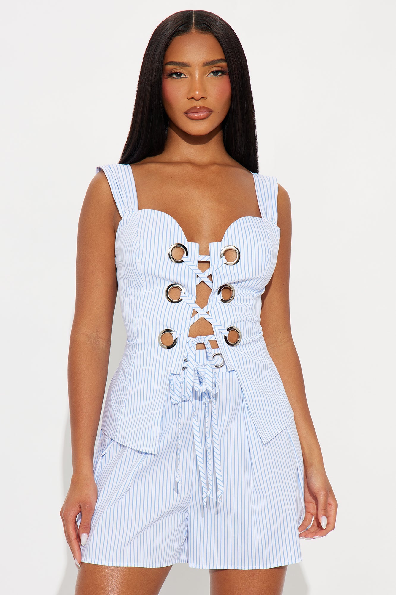 Chelley Striped Lace Up Short Set - Blue/combo