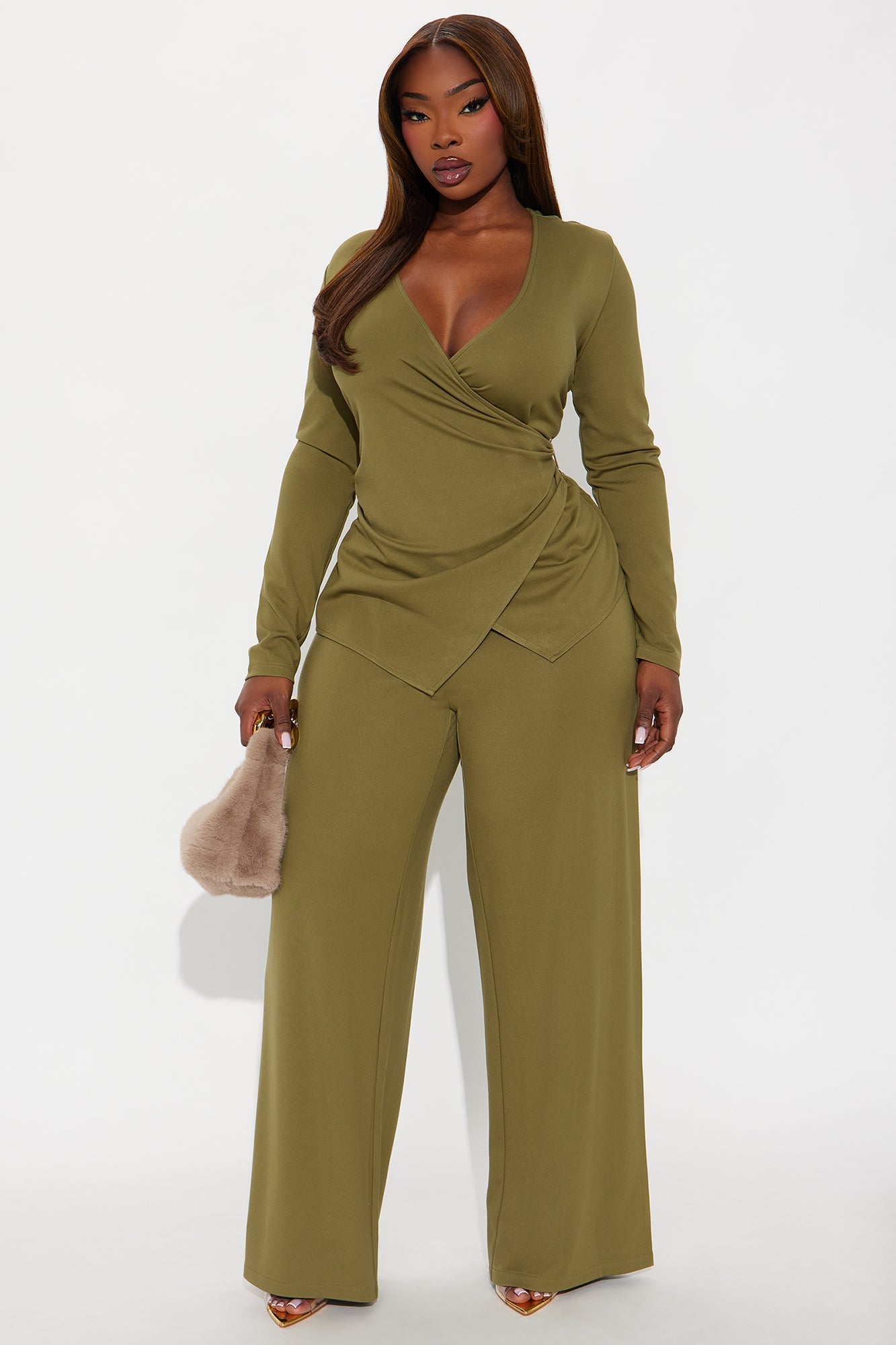 Helena Wrap Top And Wide Leg Pant Set - Olive