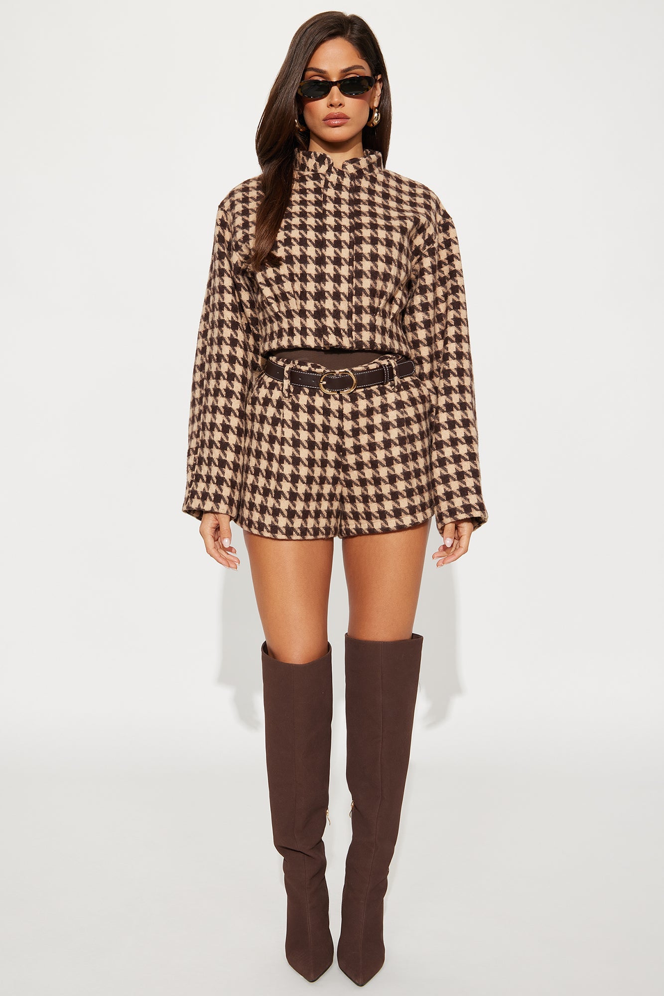 Gianna Belted Houndstooth Jacket Short Set - Brown/combo