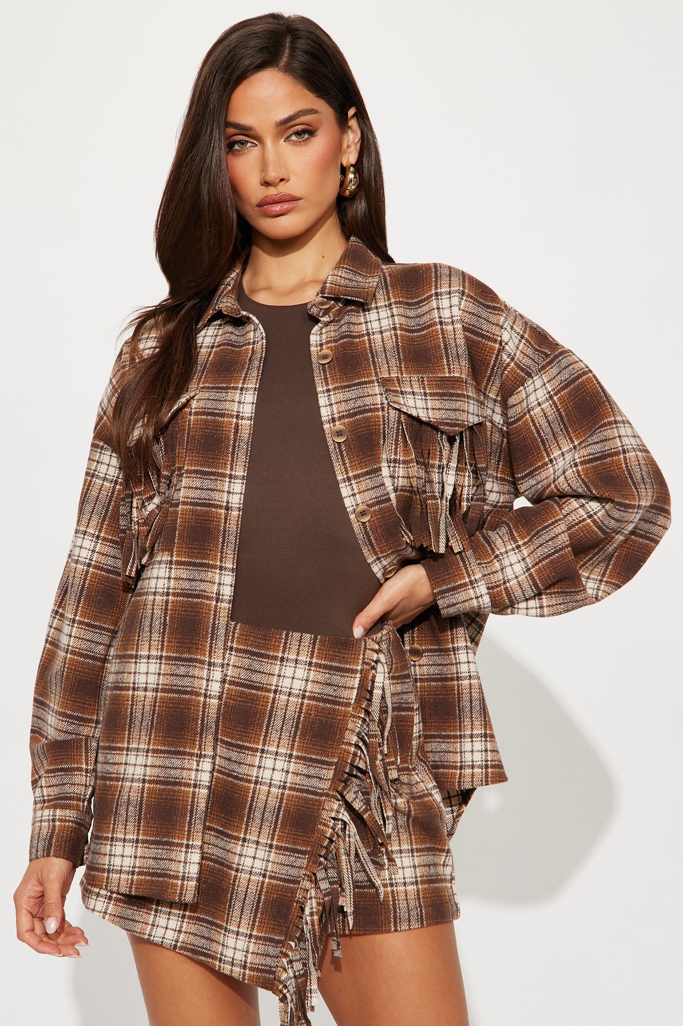 Checked Out Plaid Flannel Fringe Skort Set - Brown/combo