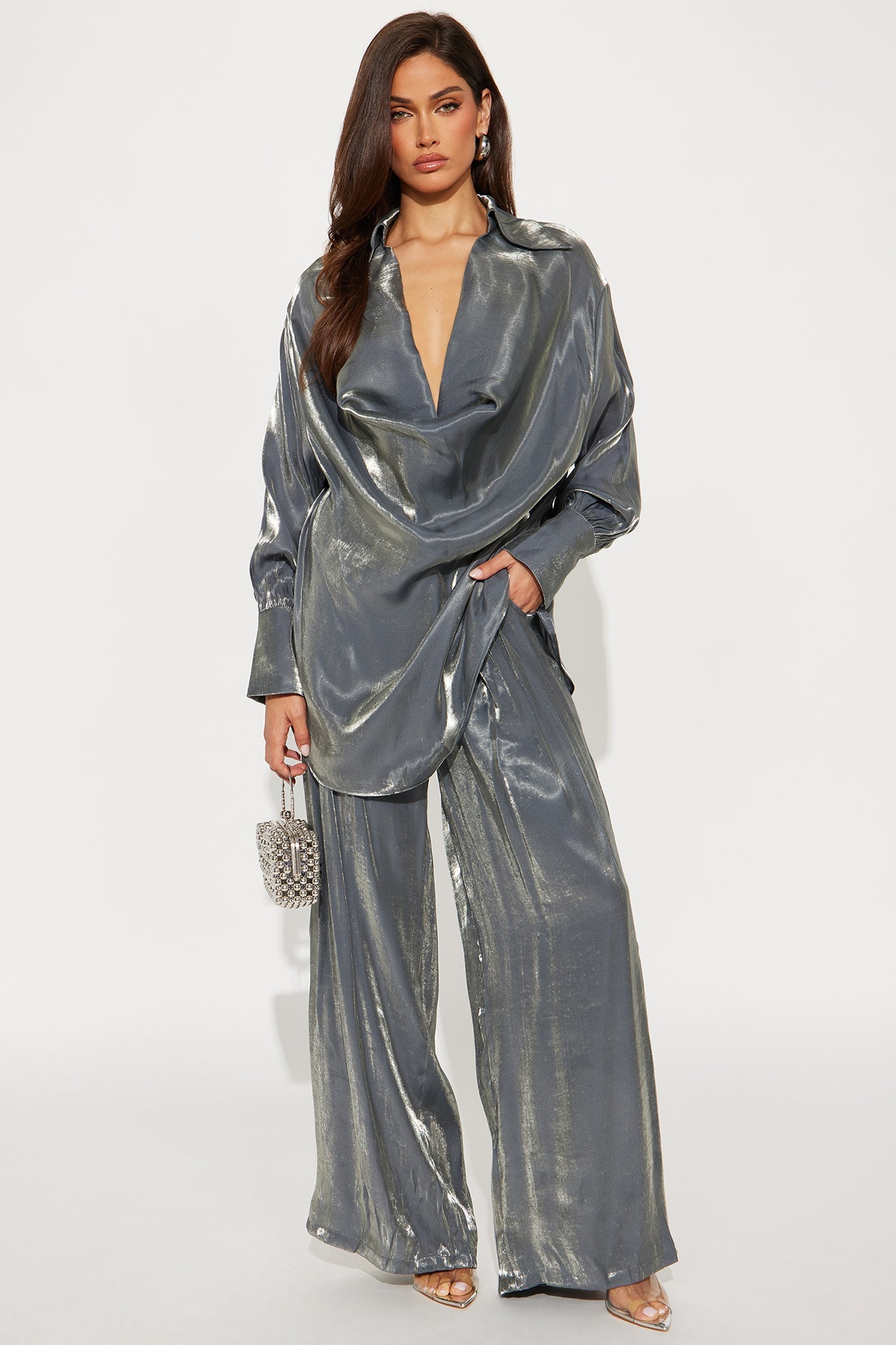 Feeling Classy Oversized Wide Leg Pant Set - Silver