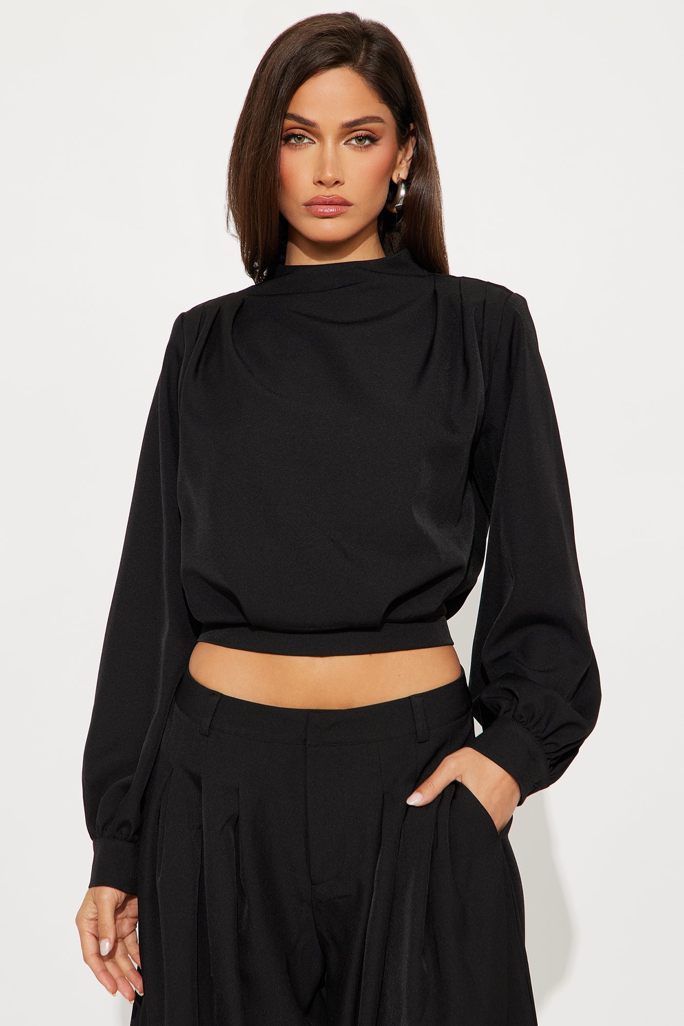 Inez Long Sleeve Pleated Balloon Pant Set - Black