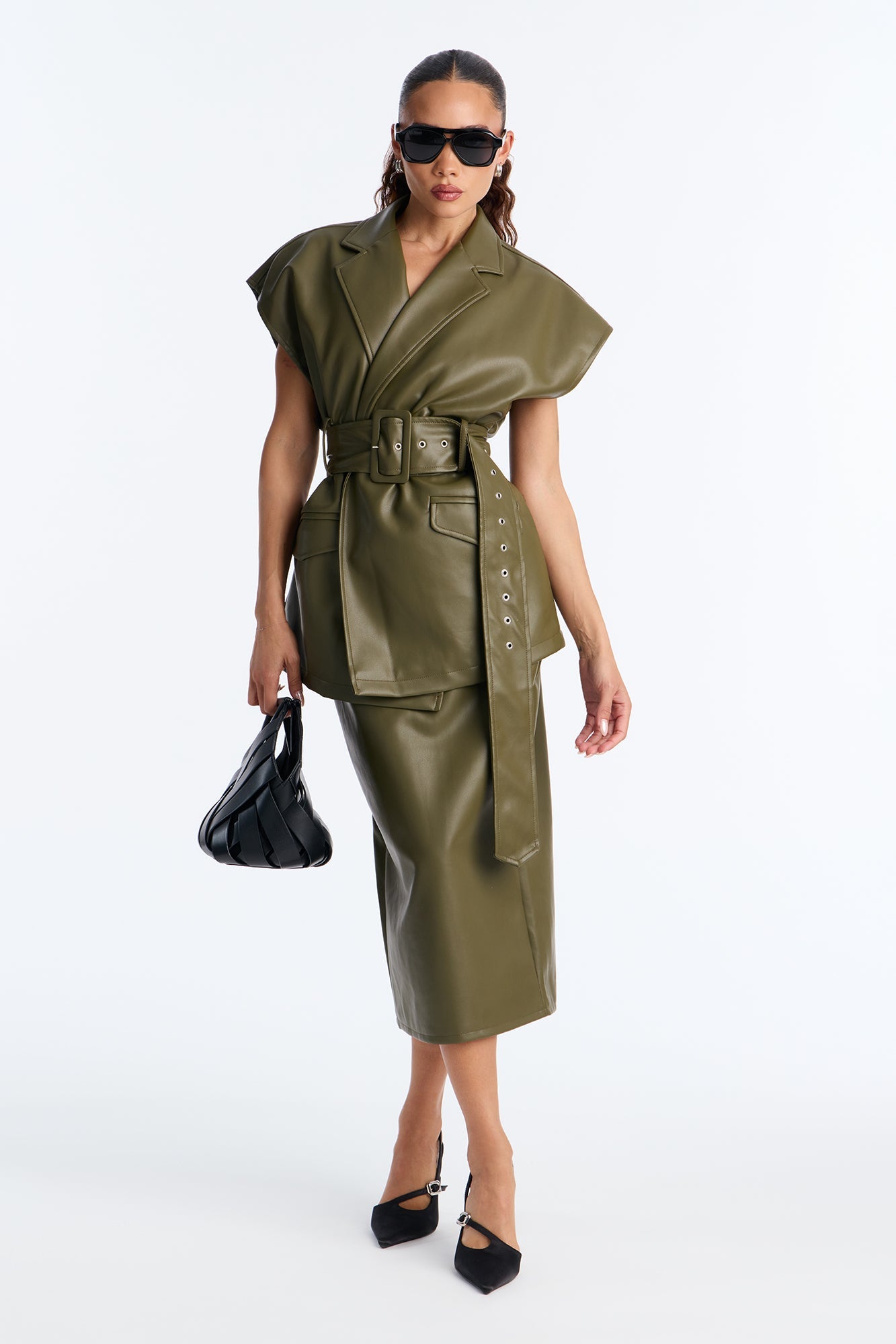 Defined By Me Faux Leather Belted Maxi Skirt Set - Olive