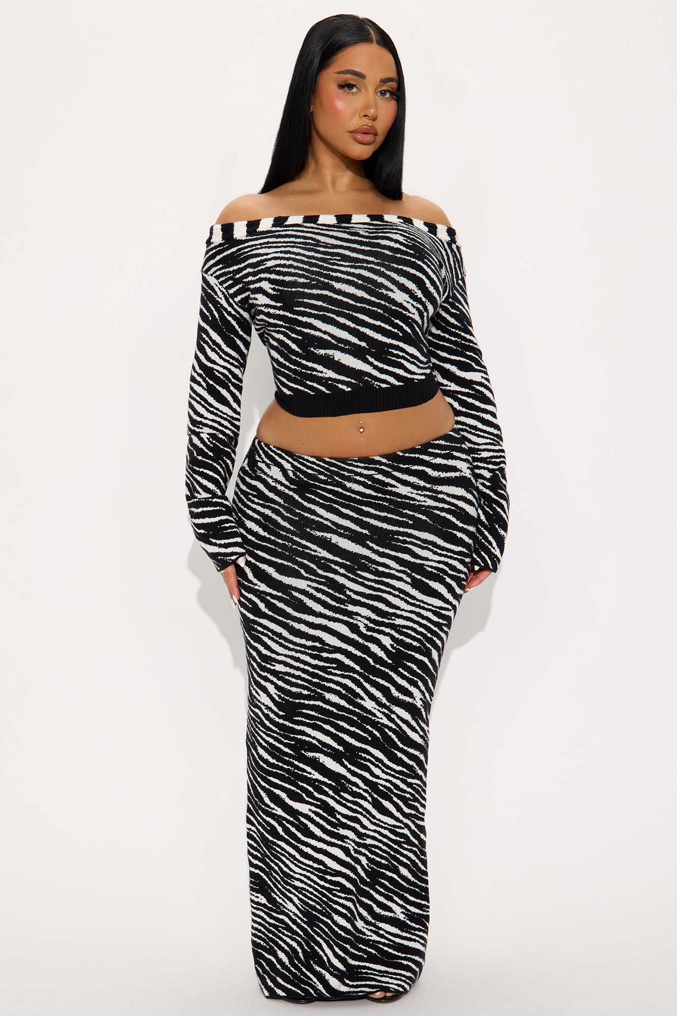 Imani Zebra Sweater Off Shoulder Maxi Skirt Set - Black/White