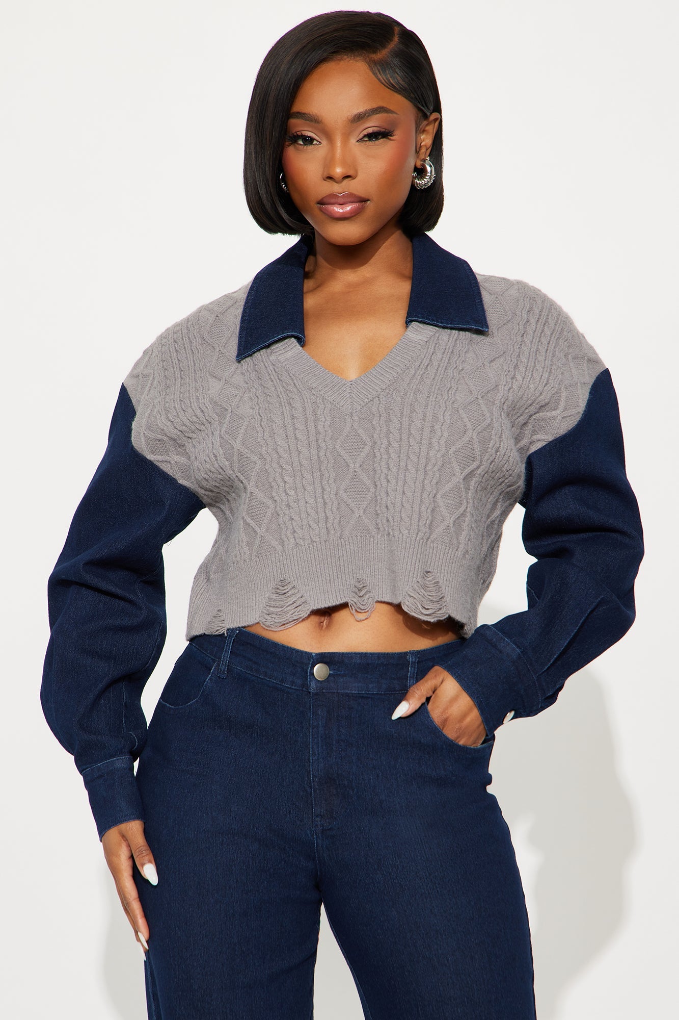 Kaitlyn Denim Sweater Mix Pant Set - Denim