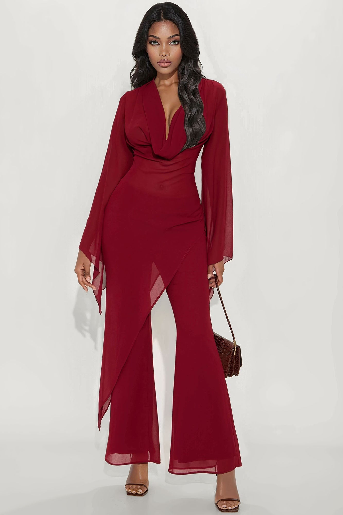 Carmen Asymmetrical Blouse Pant Set - Burgundy