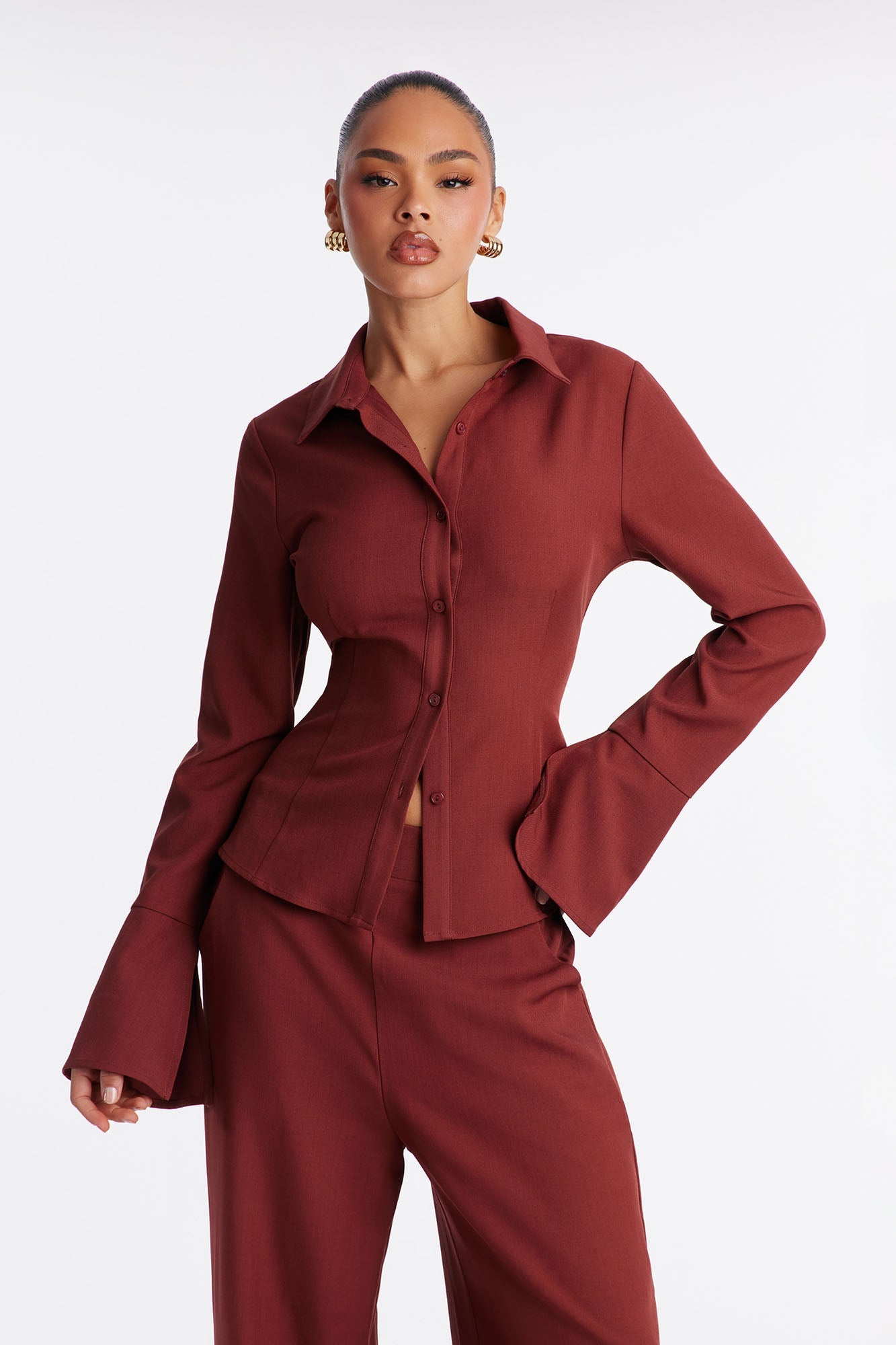 Brexley Button Up Shirt Wide Leg Pant Set - Rust