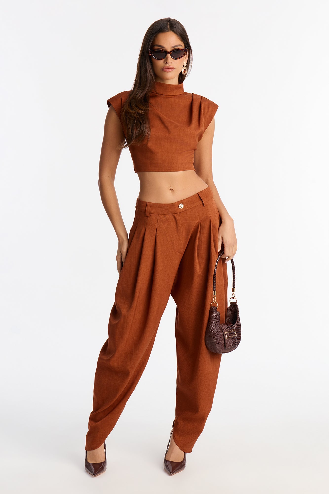 Amelia Pleated Barrel Leg Pant Set - Rust