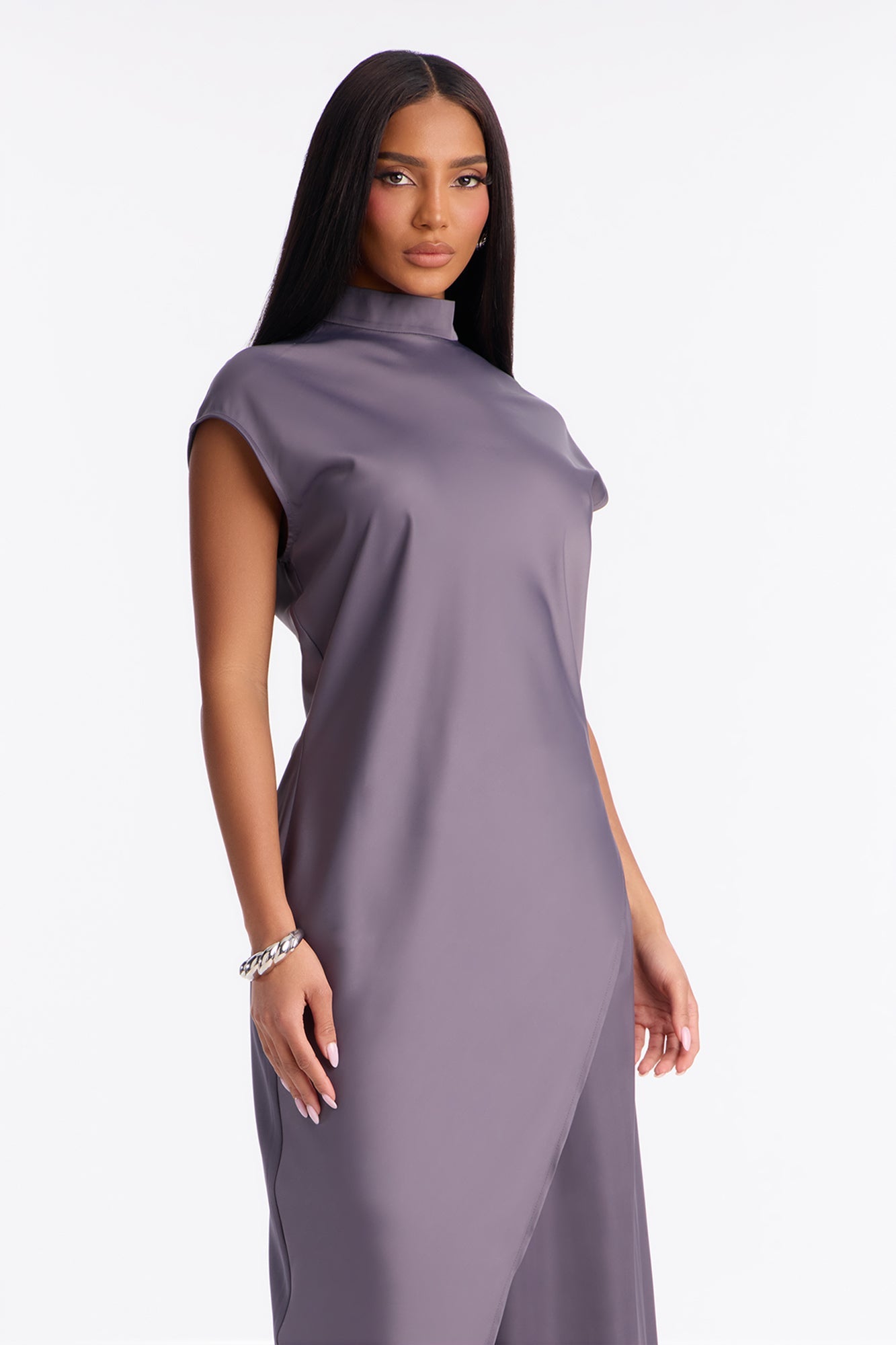 Camille Asymmetrical Satin Pant Set - Grey