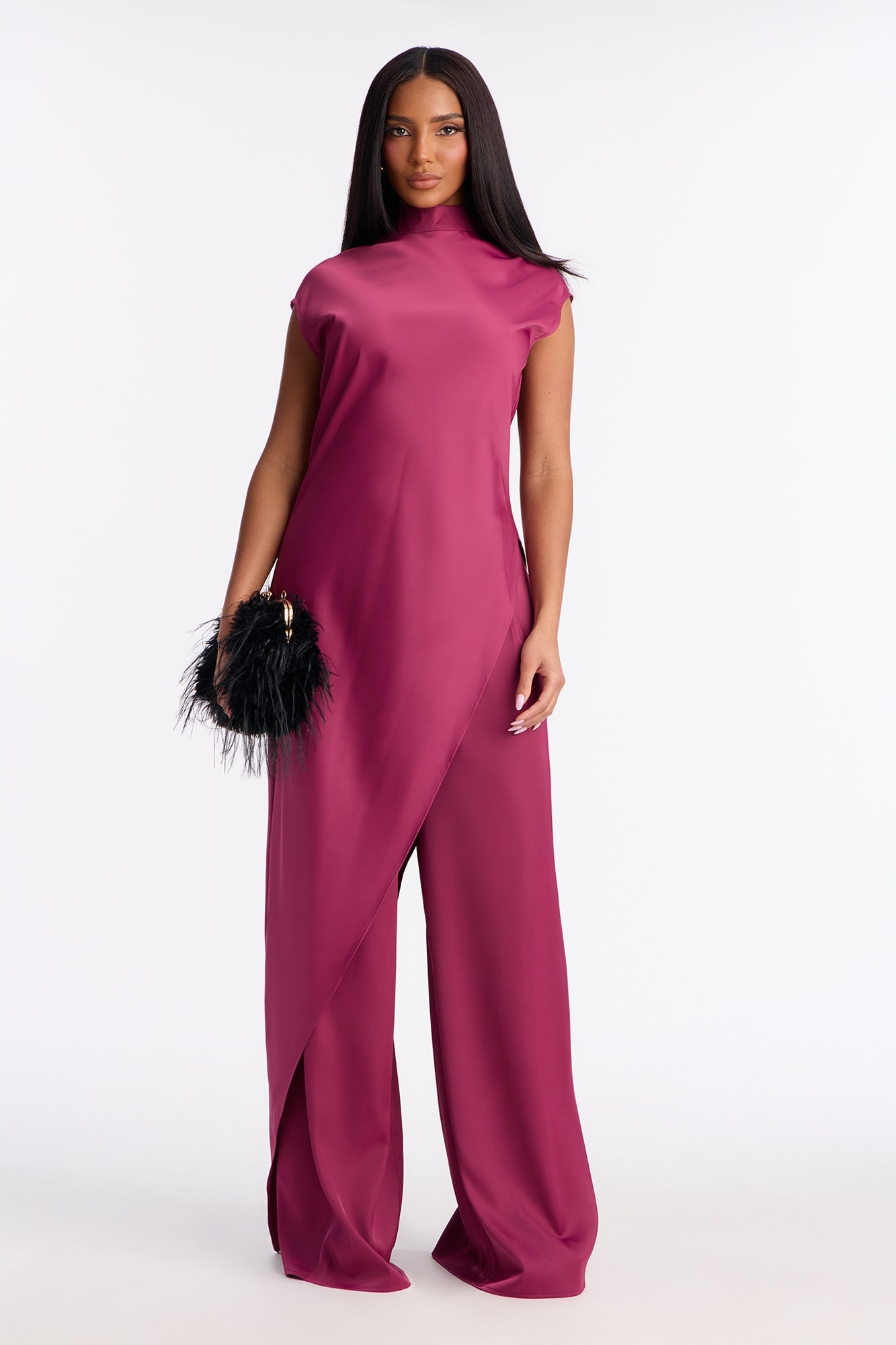 Camille Asymmetrical Satin Pant Set - Plum