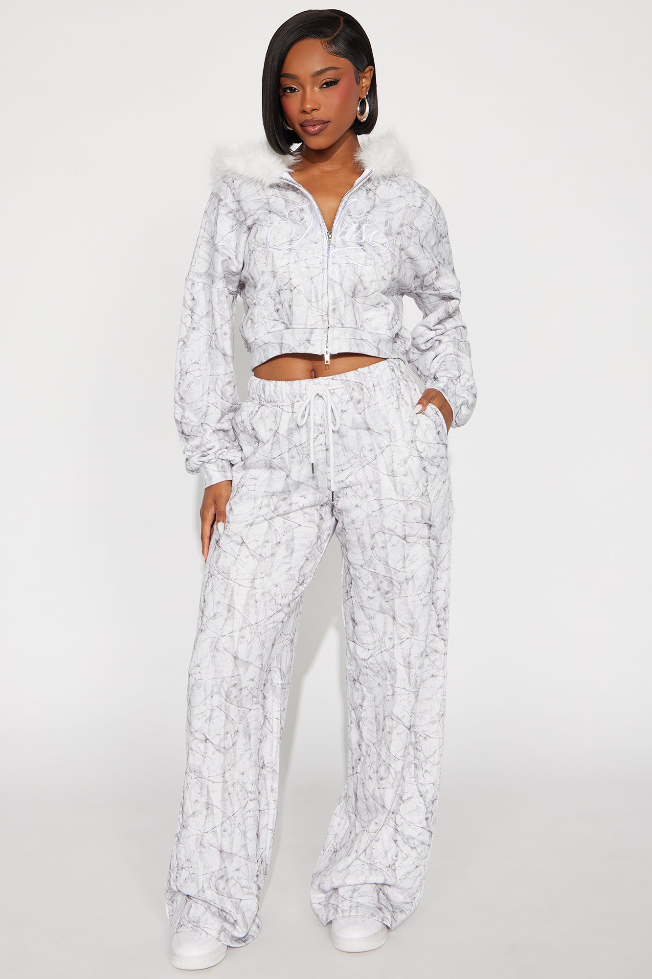 Lina Fur Trim Hoodie Pant Set - Off White