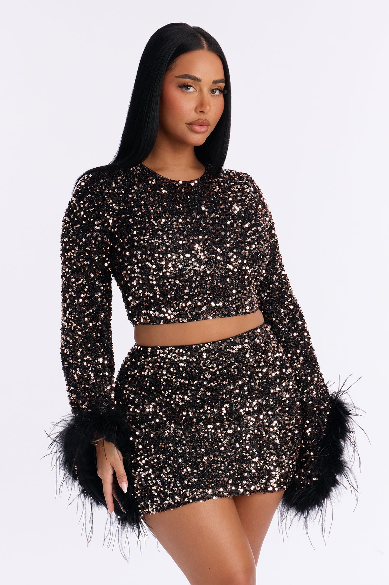 Confetti Cutie Feather Trim Sequin Skirt Set - Chocolate