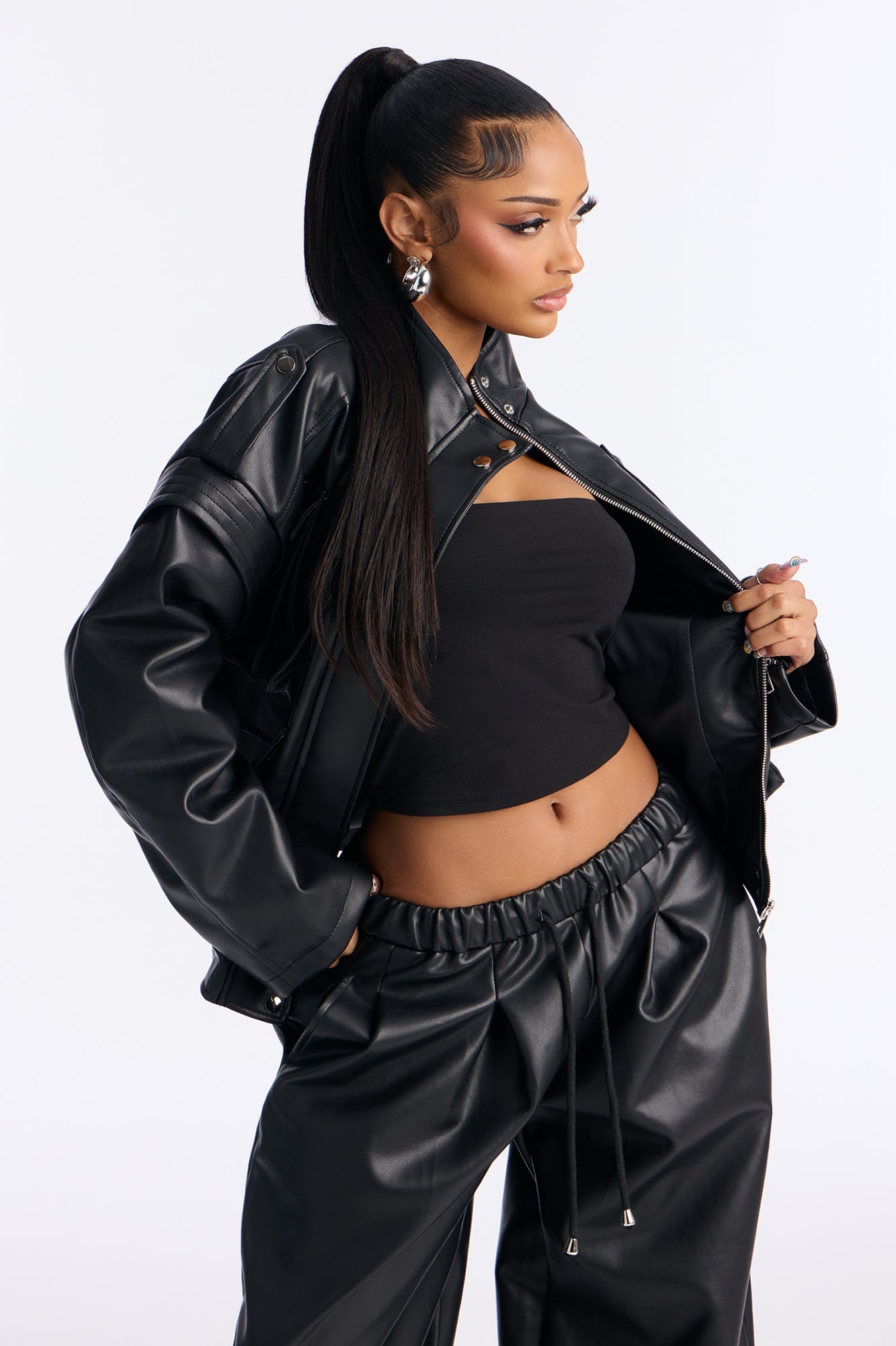 Run The Streets Faux Leather Jogger Set - Black