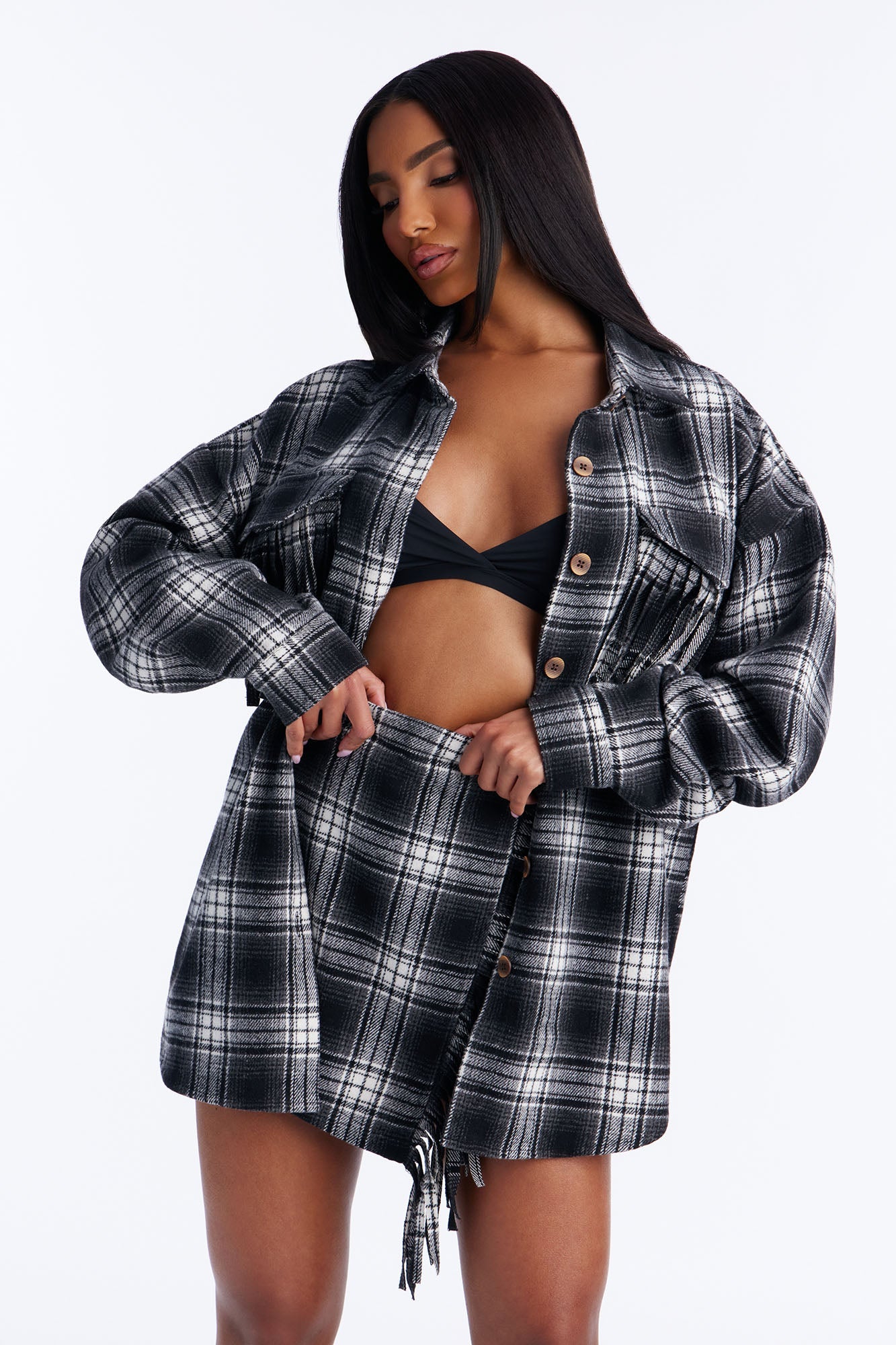 Checked Out Plaid Flannel Fringe Skort Set - Black/combo