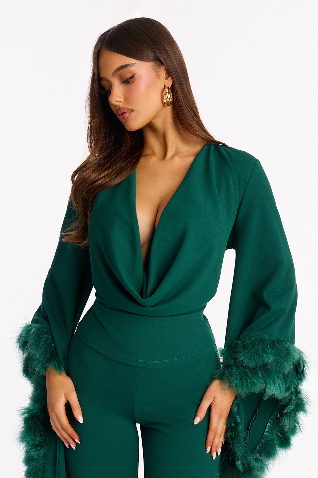 High Maintenance Drama Sleeve Feathered Pant Set - Hunter