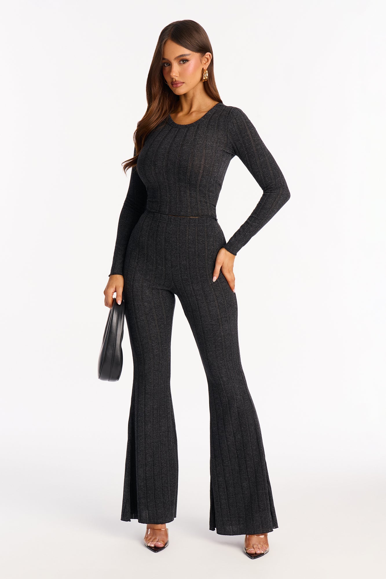 Just Because Ribbed Hacci Flare Pant Set - Black