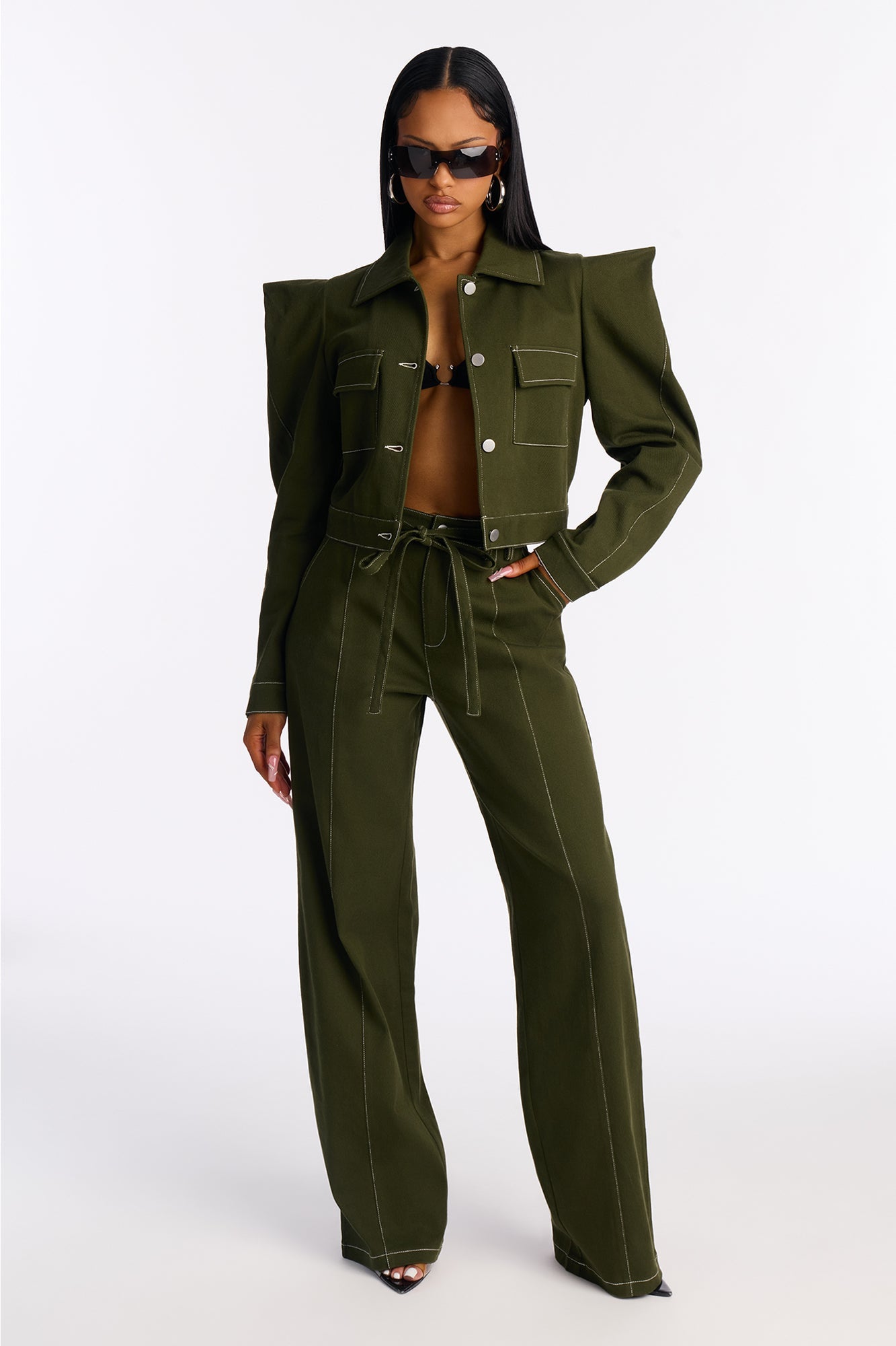 Celine Bold Shoulder Twill Pant Set - Olive