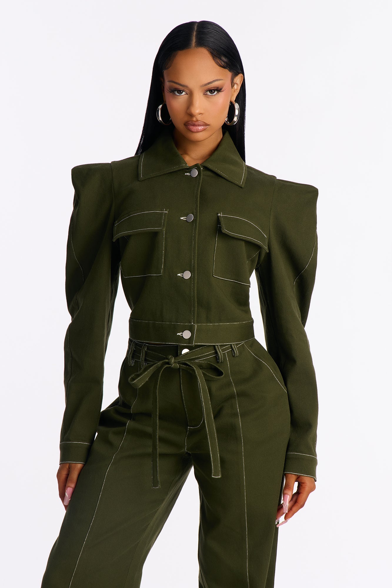 Celine Bold Shoulder Twill Pant Set - Olive