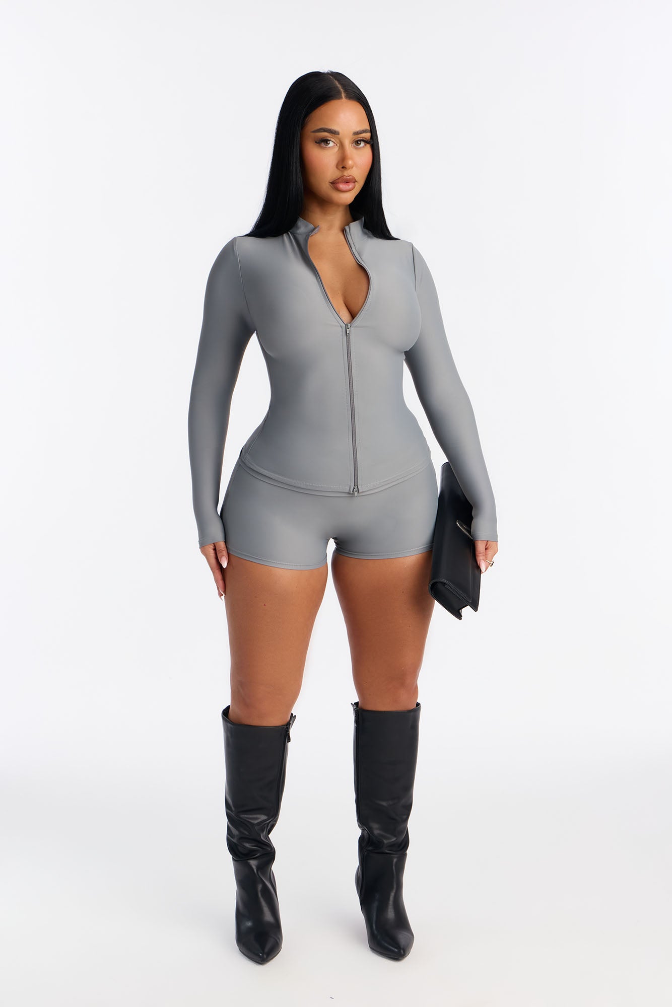 Isabelle Two-Way Zip Fold Over Short Set - Silver