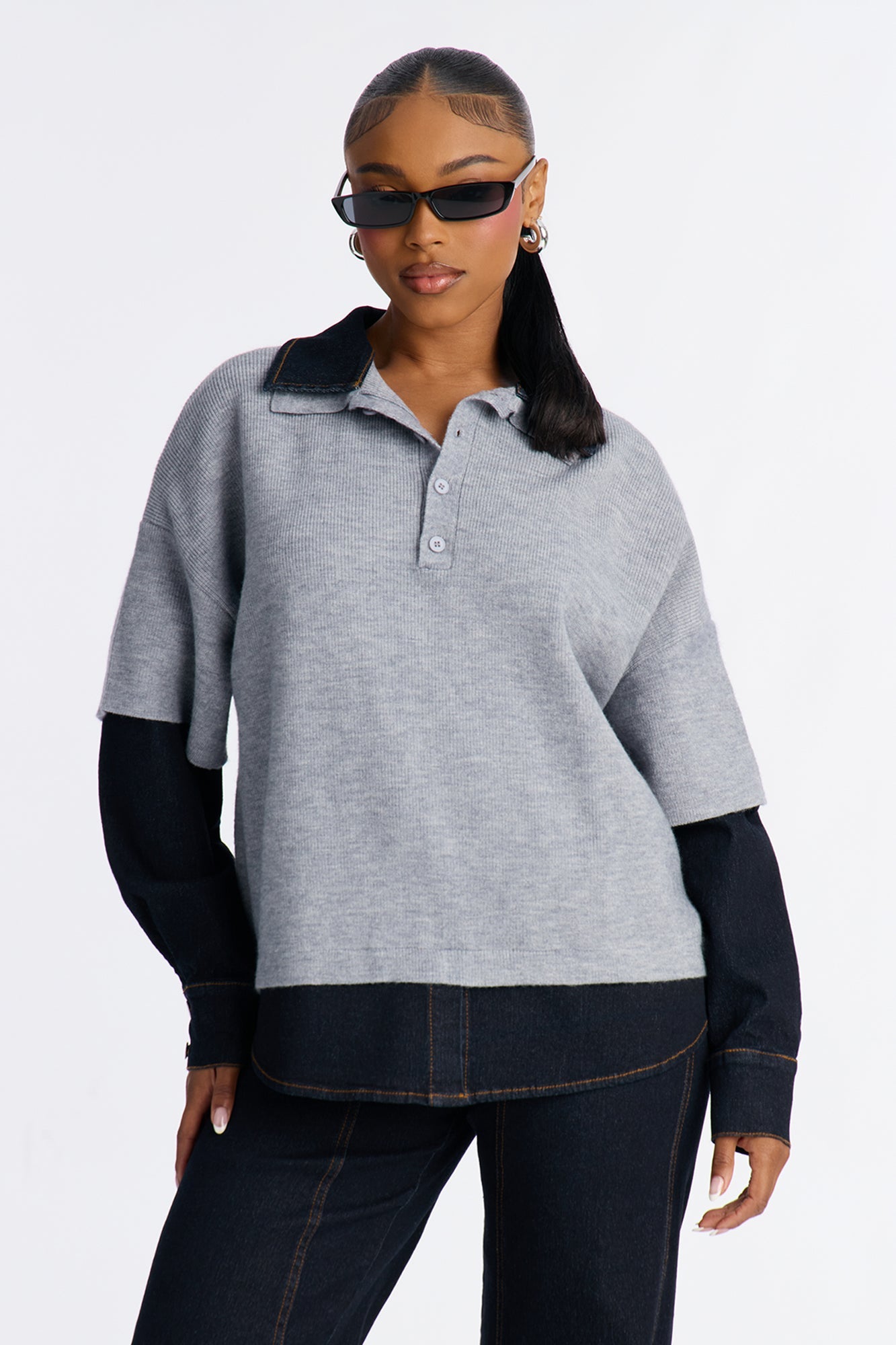 Clara Denim Contrast Trim Shirt And Wide Leg Pant Set - Dark Denim