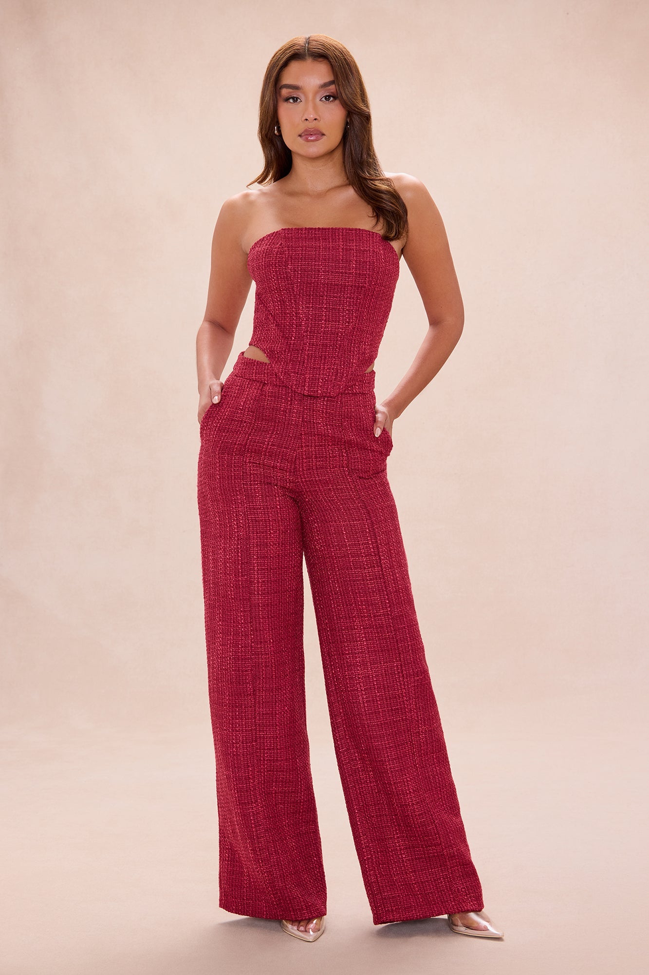 Cleo Tweed Corset Pant Set - Burgundy