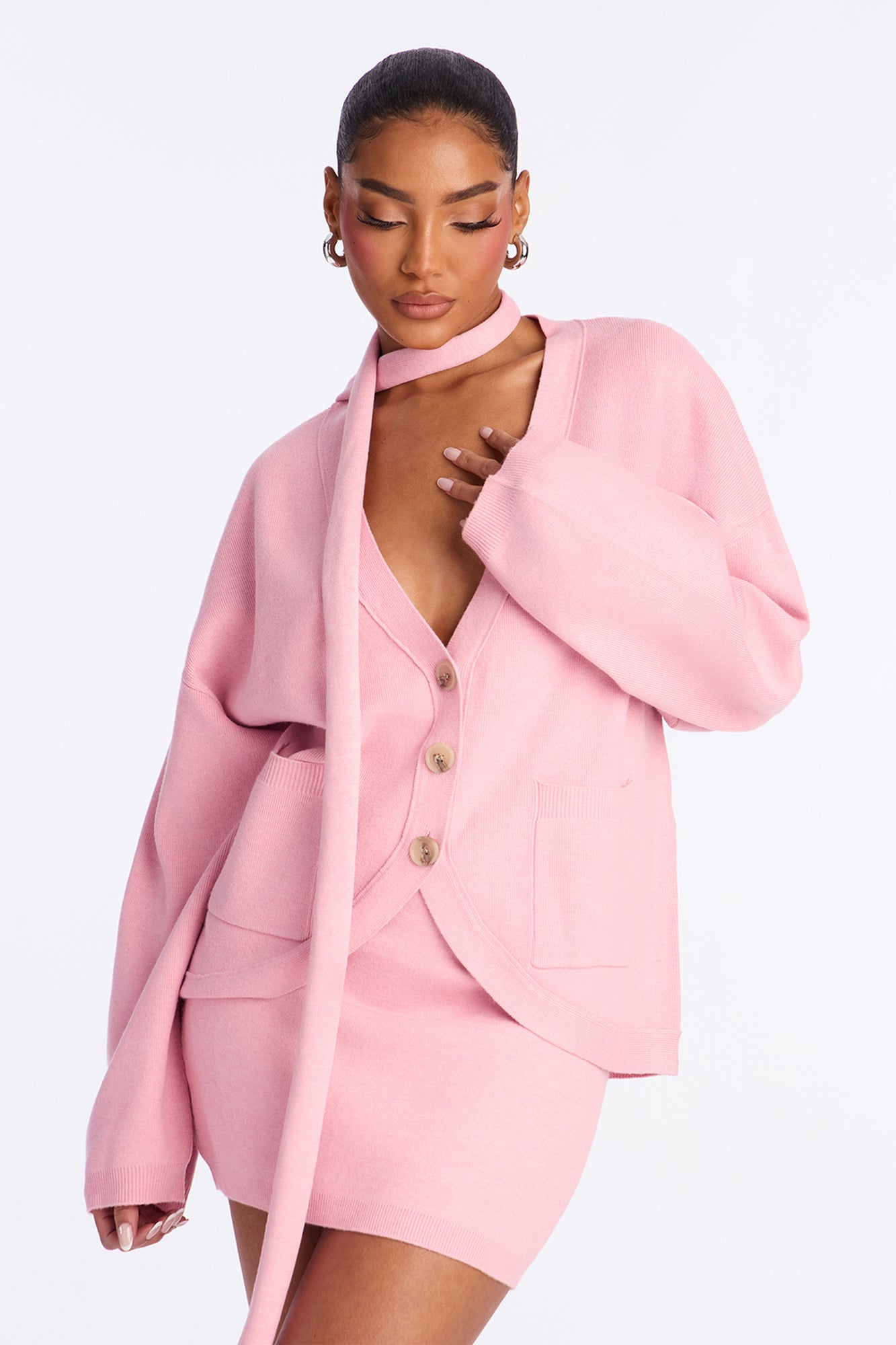Eden 3 Piece Sweater Scarf Mini Skirt Set - Pink