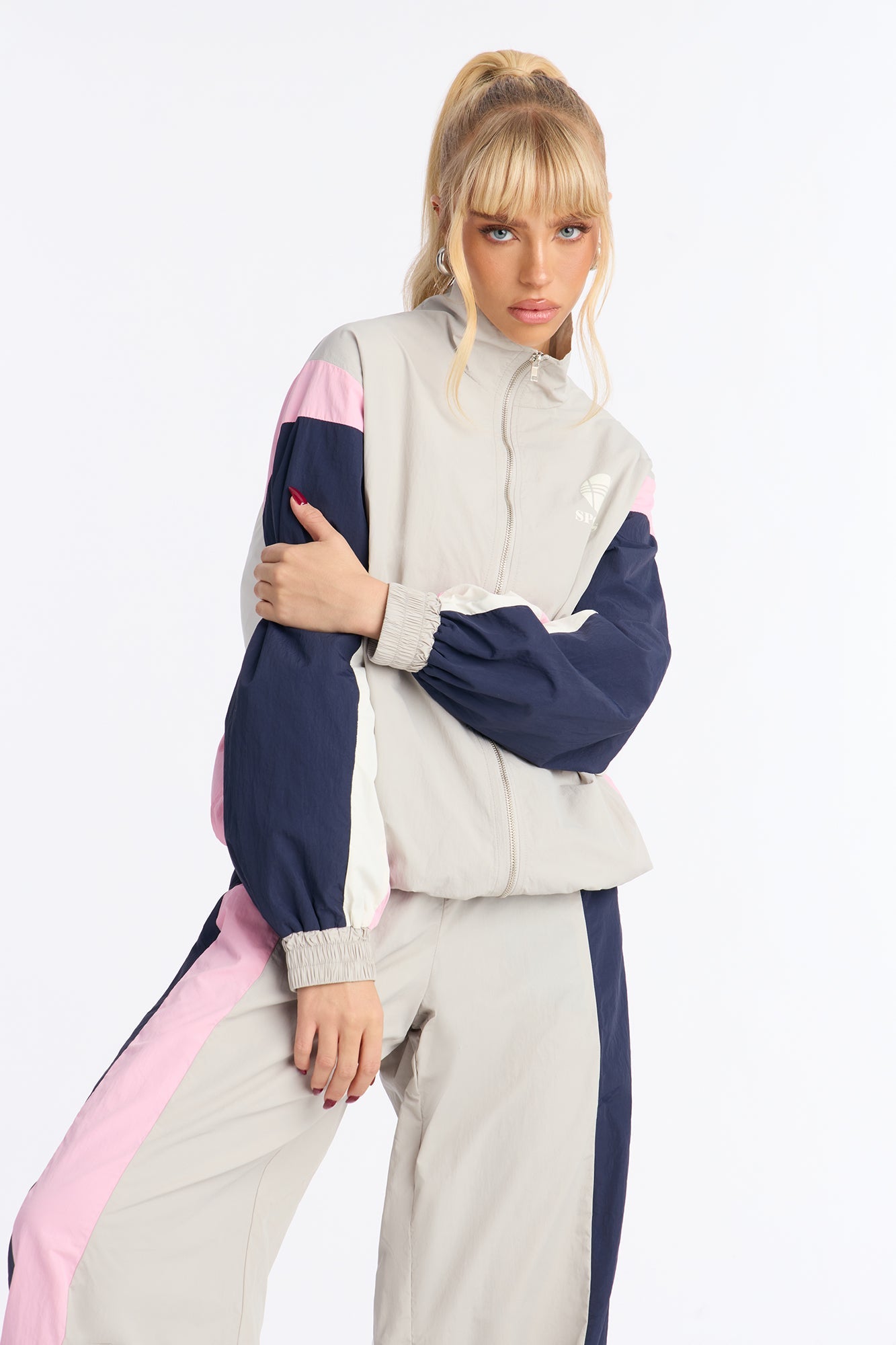 Caroline Nylon Zip Up Wide Leg Pant Set - Grey/combo