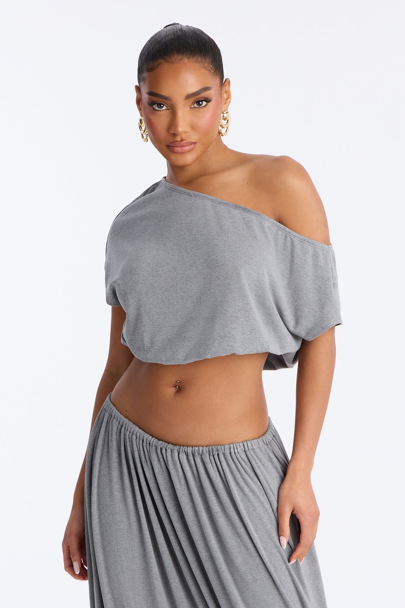 No Side Effects Off Shoulder Asymmetrical Maxi Skirt Set - Grey