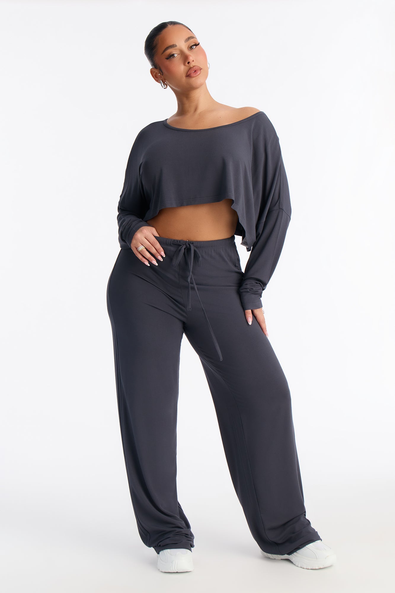 Runnin' Around Off Shoulder Pant Set - Charcoal