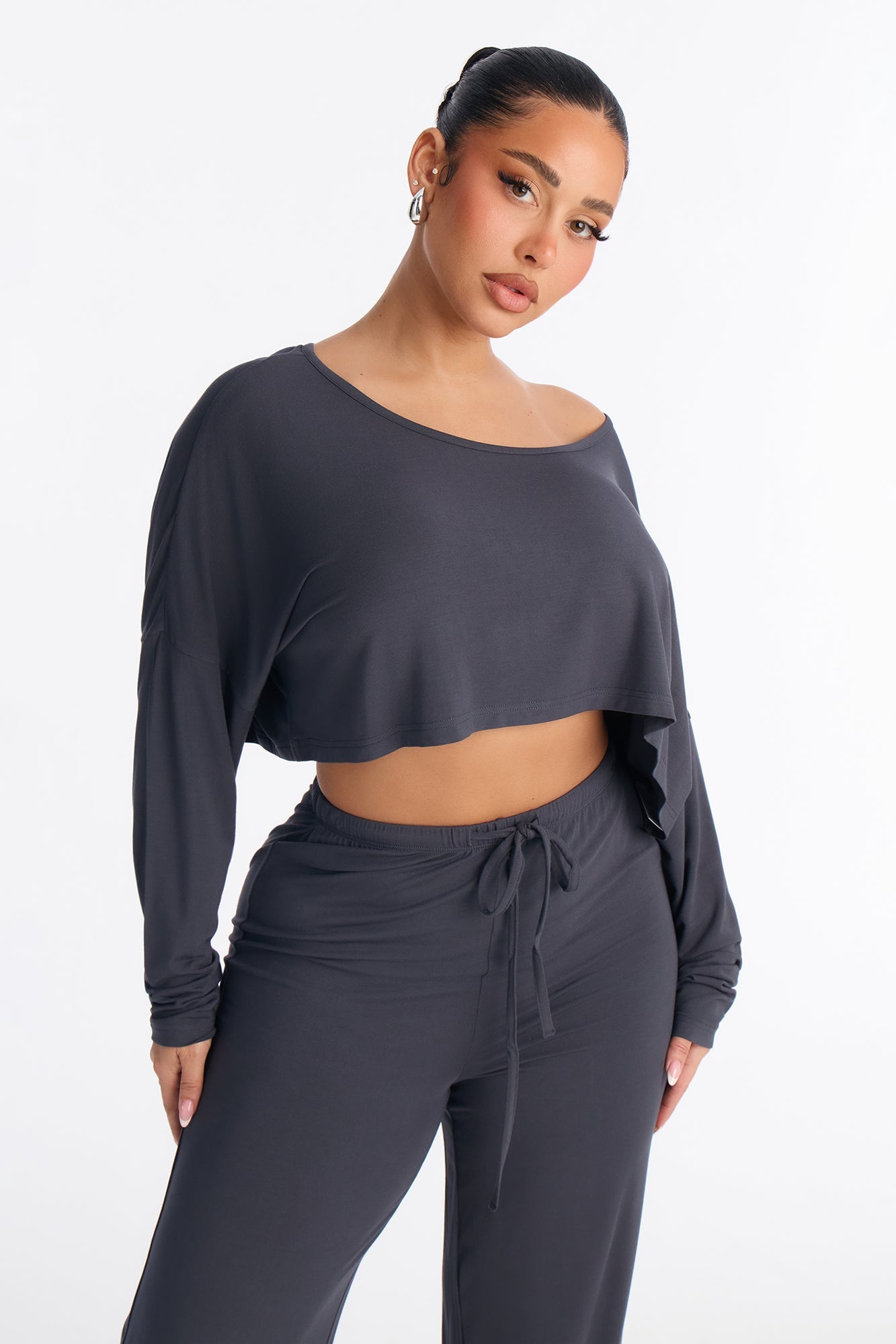 Runnin' Around Off Shoulder Pant Set - Charcoal