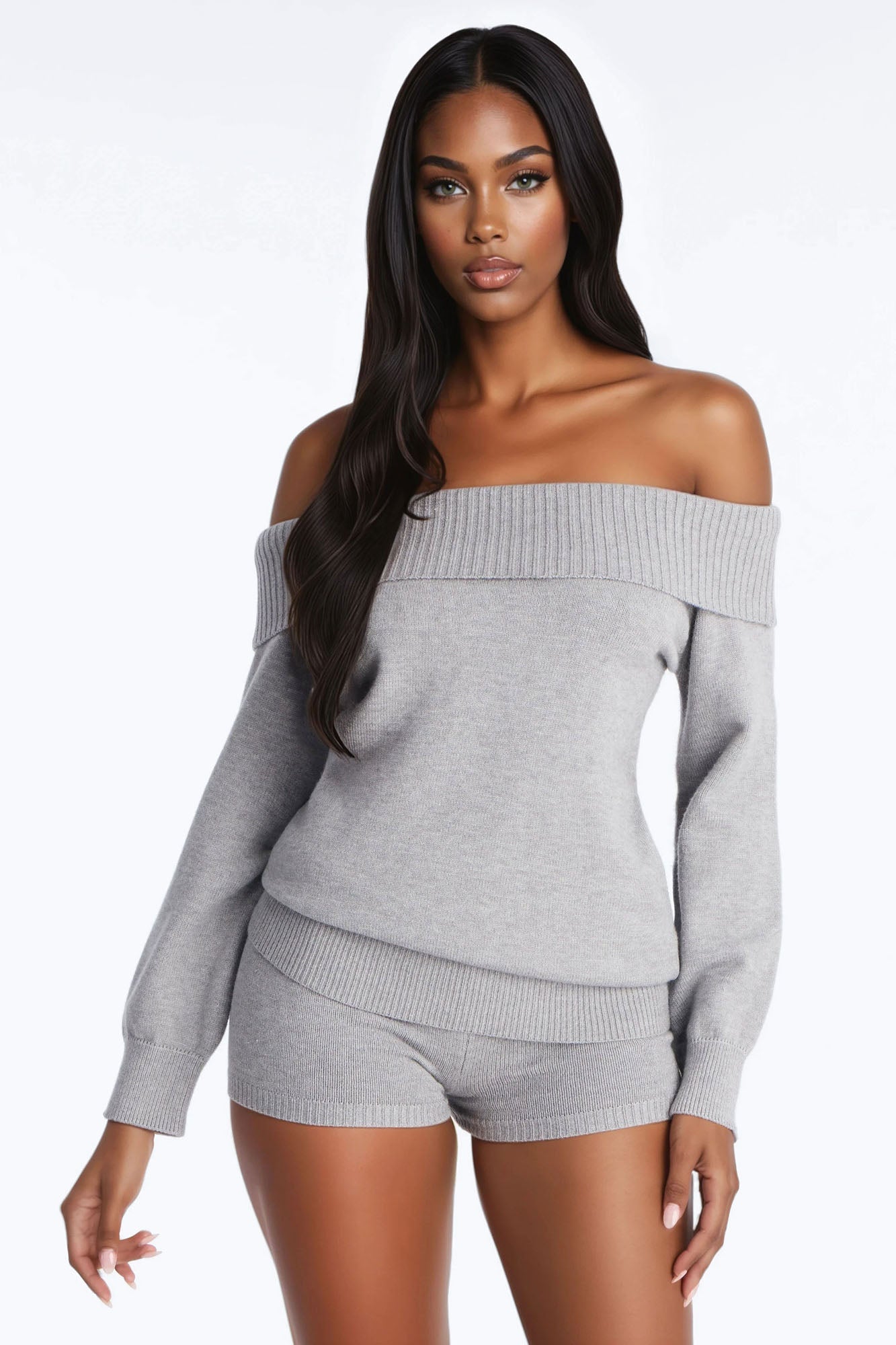 Avery Sweater 3 Piece Short Set - Grey