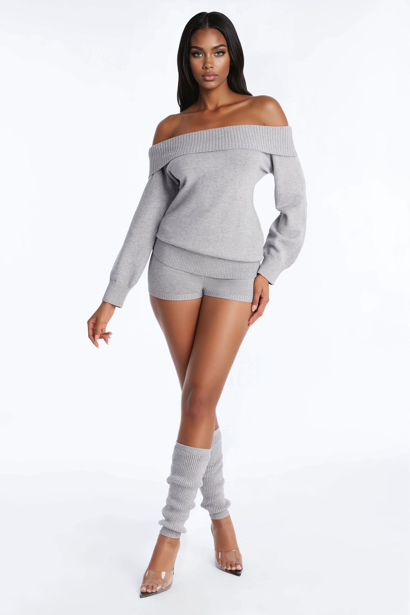 Avery Sweater 3 Piece Short Set - Grey