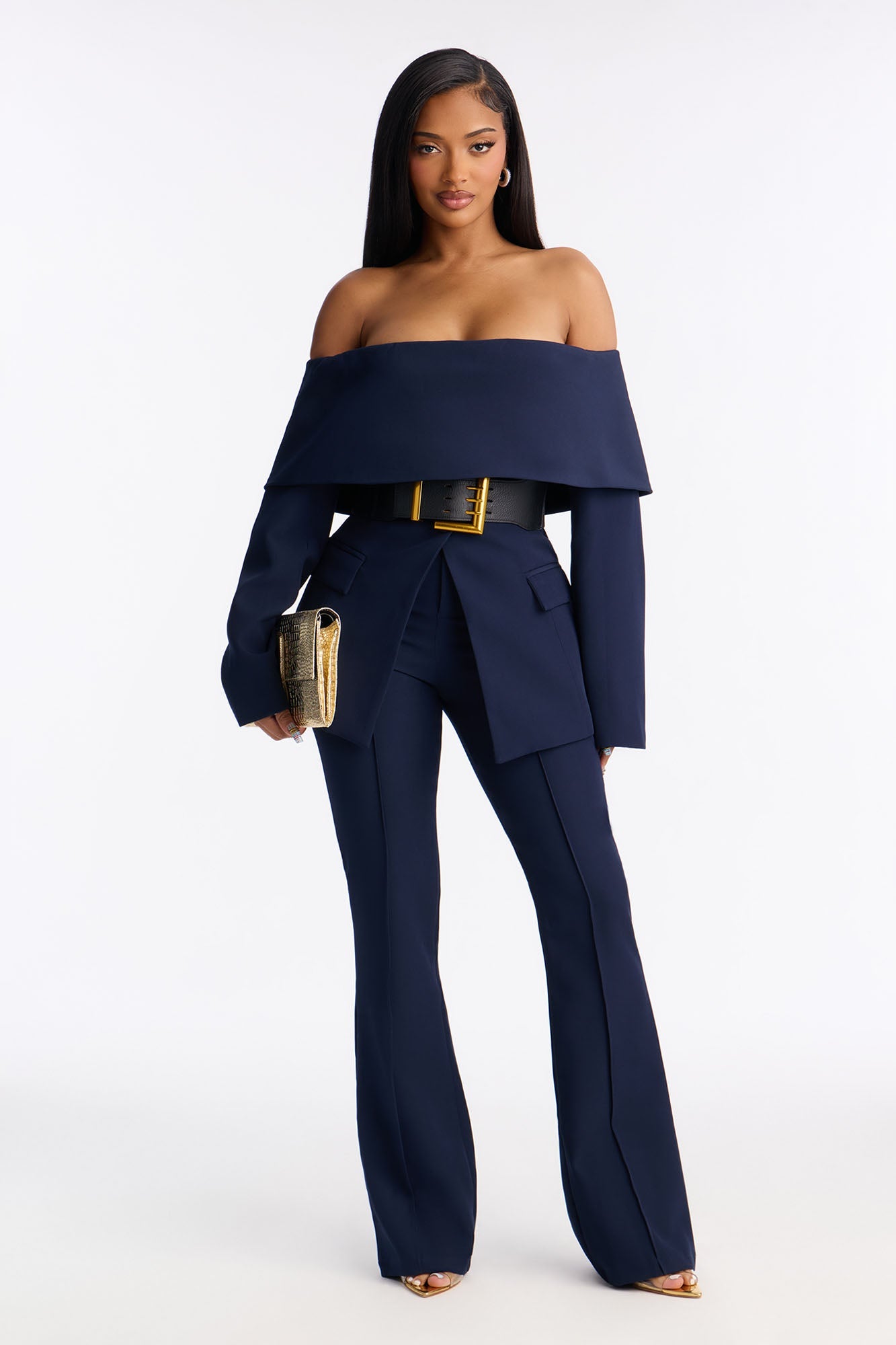 Bethany Off Shoulder Belted Pant Set - Navy