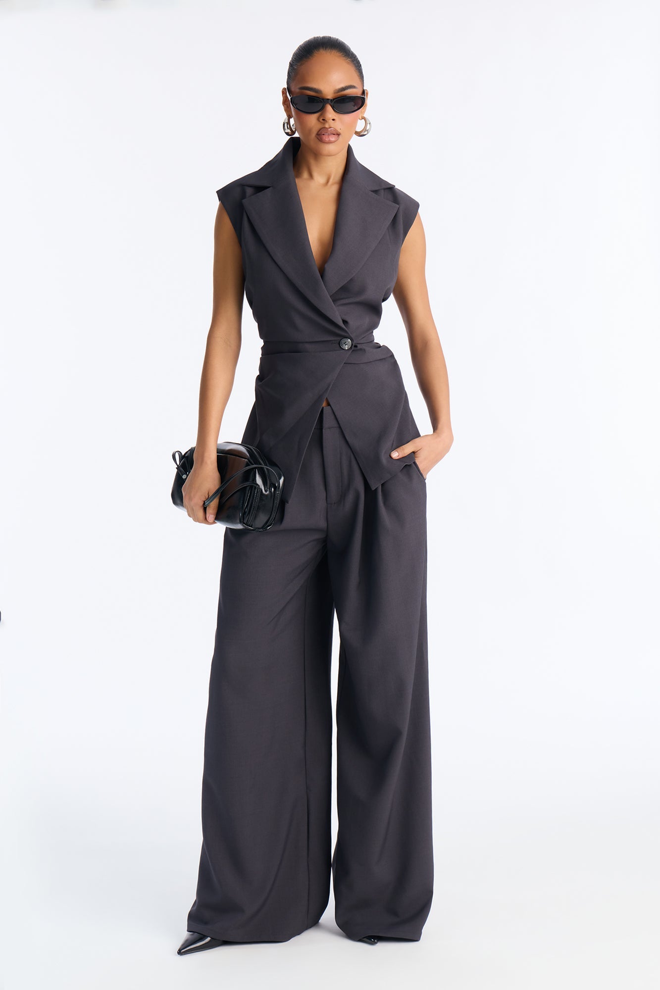 Shannon Cinched Vest Pant Set - Charcoal