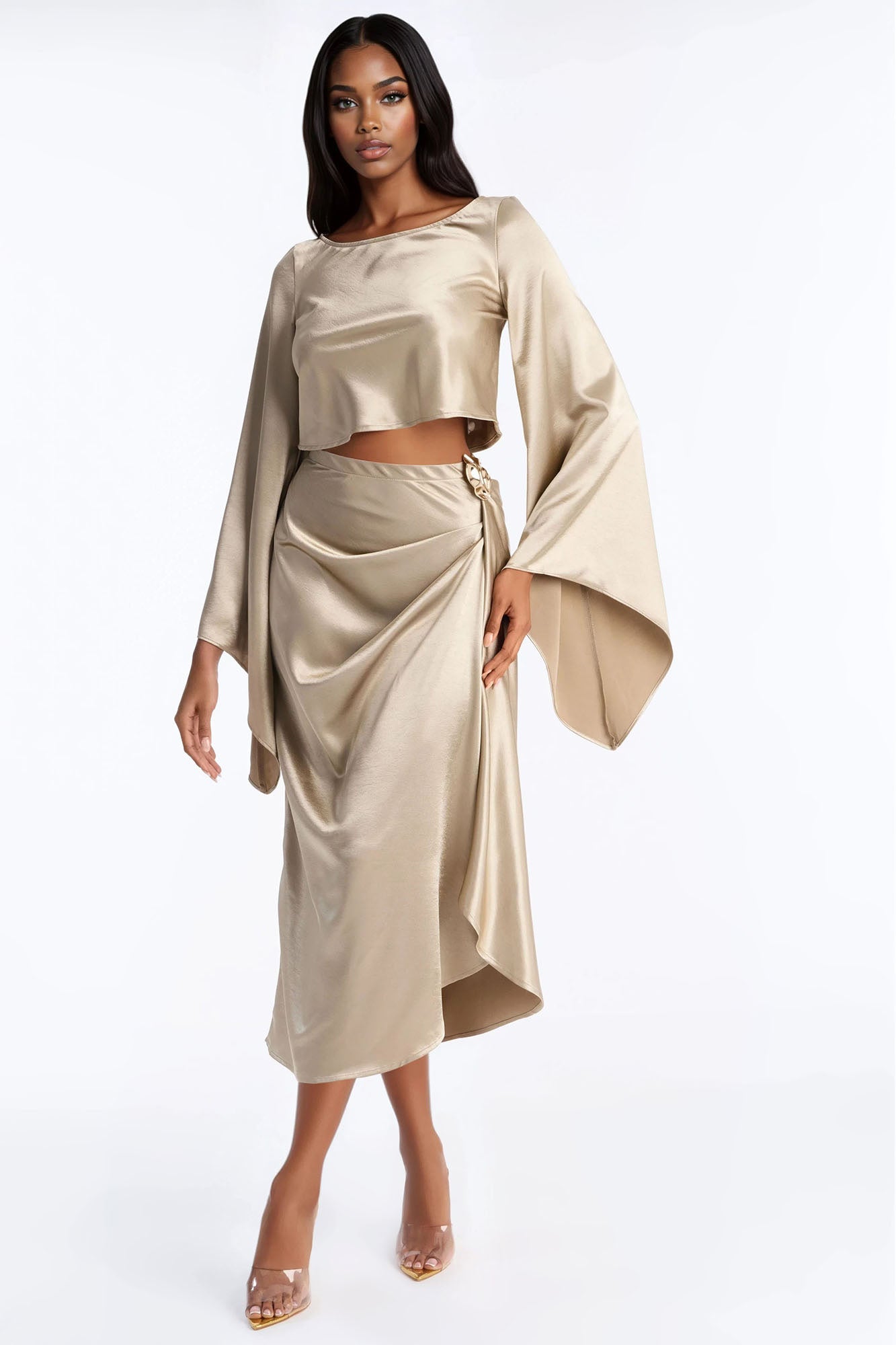 Macey Satin Midi Skirt Set - Champagne