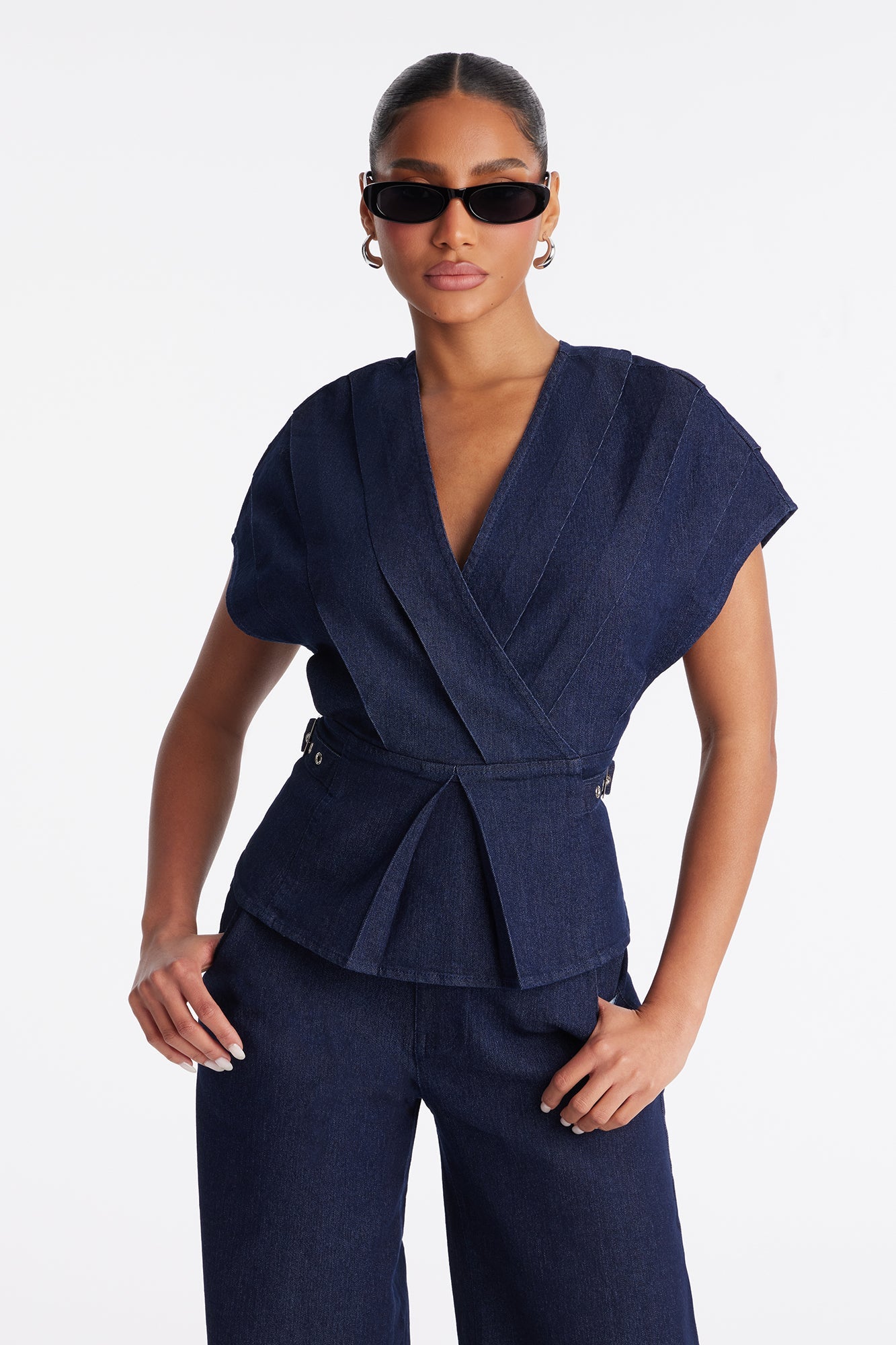 Gigi Denim Buckle Pant Set - Dark Denim