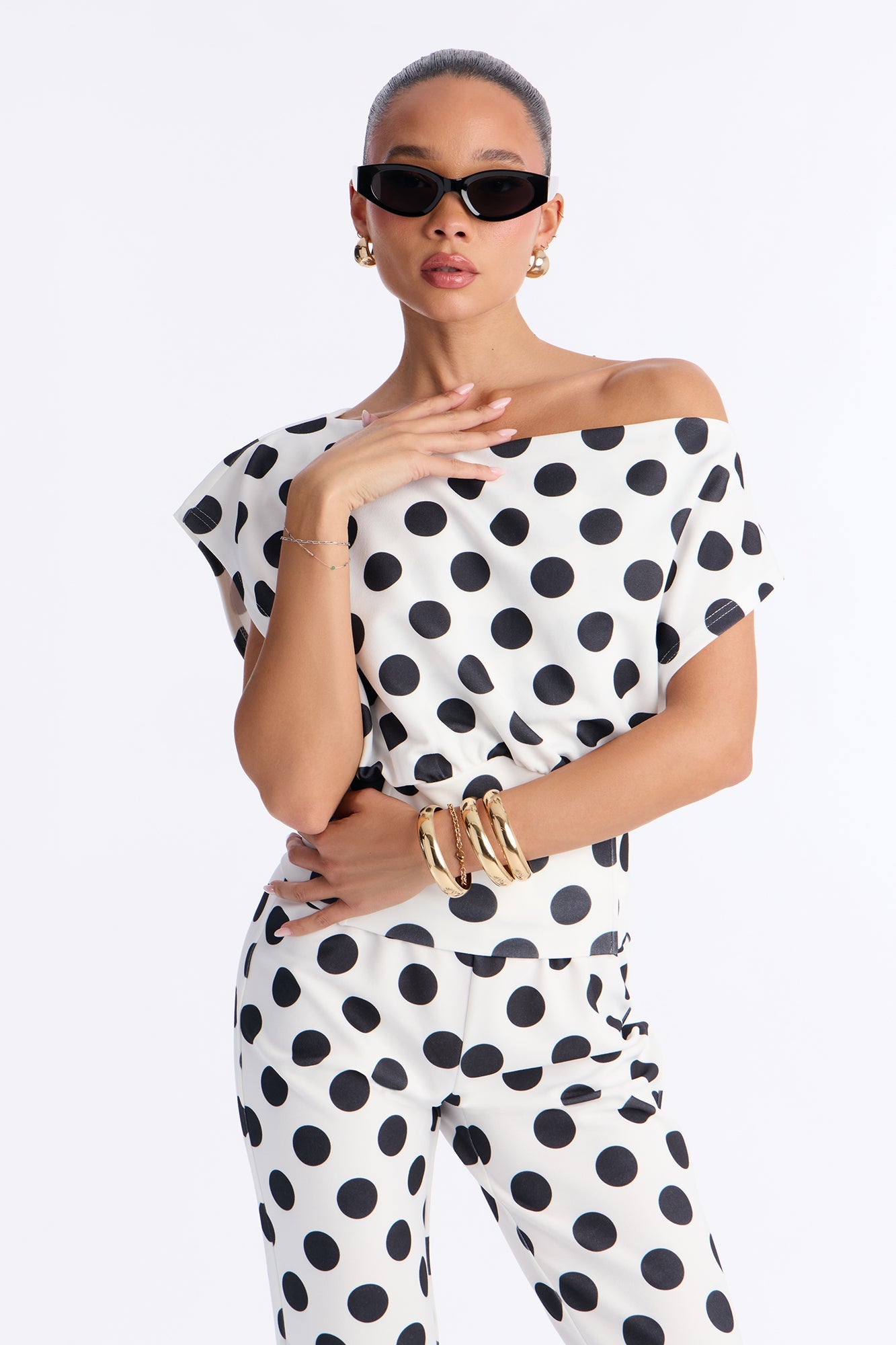 Lily Polka Dot Off Shoulder Pant Set - White/Black
