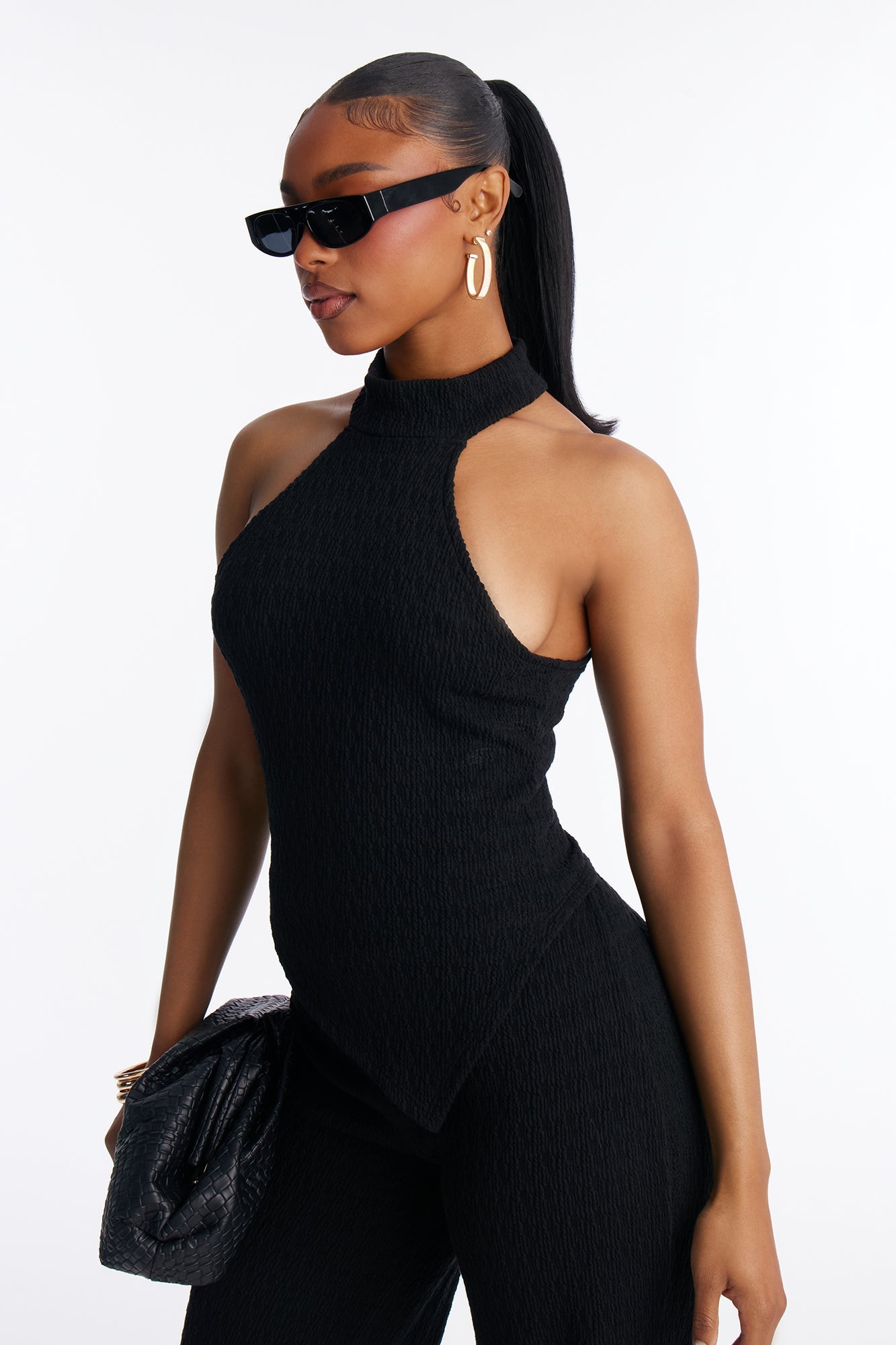 Gabriella Textured Asymmetrical Pant Set - Black