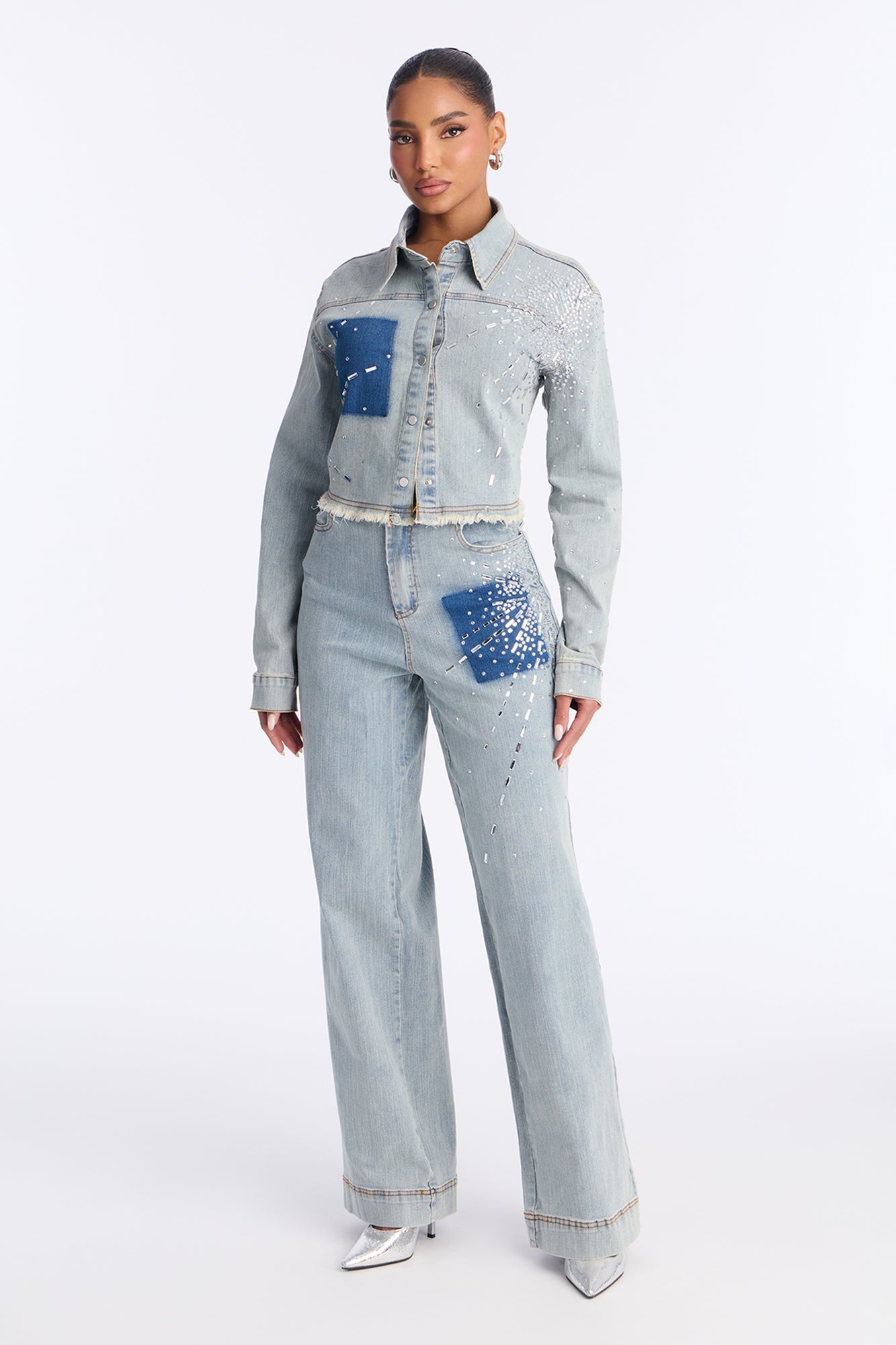 Mable Denim Rhinestone Pant Set - Medium Wash