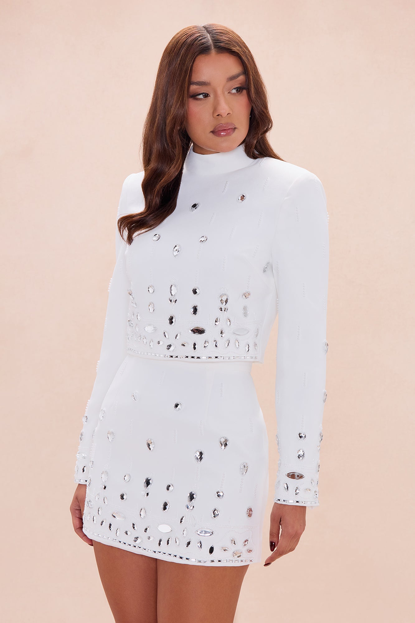 Draya Rhinestone Embellished Skirt Set - White