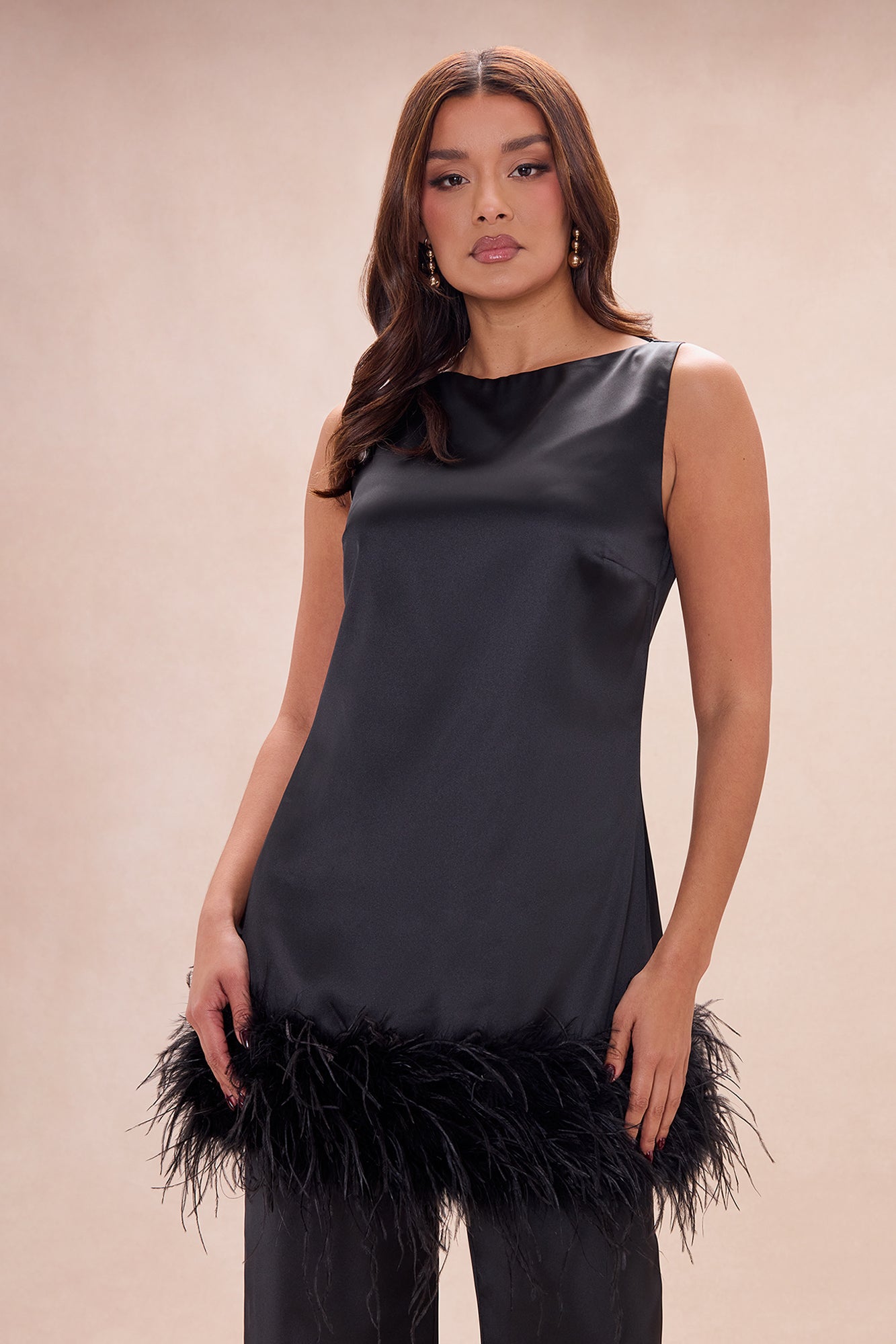 Chic Obsession Feathered Satin Pant Set - Black